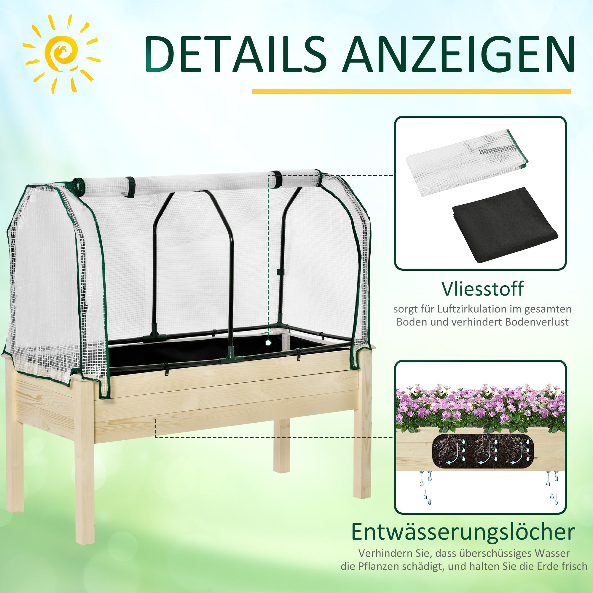 Outsunny Hochbeet, aufrollbare Folienabdeckung, Naturholzrahmen, Stoffauskleidung, Drainageöffnungen, 121 x 55 x 117cm