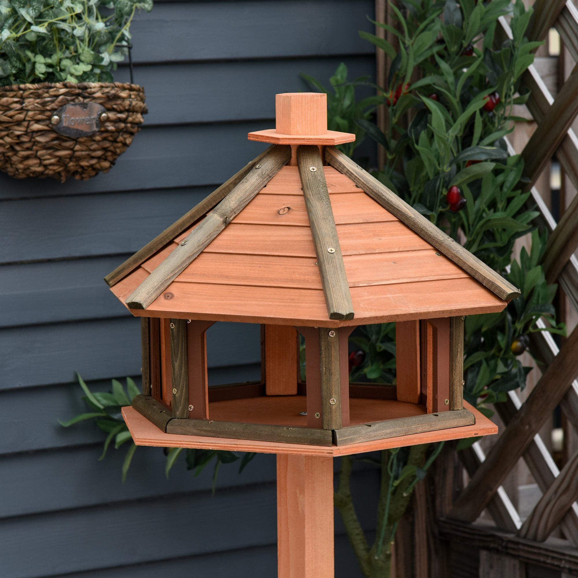 PawHut Vogelhaus mit Ständer wetterfestes Vogelfutterhaus mit wetterfestem Dach Futterhaus aus Holz für Wildvögel Ø52 x 130H cm Natur