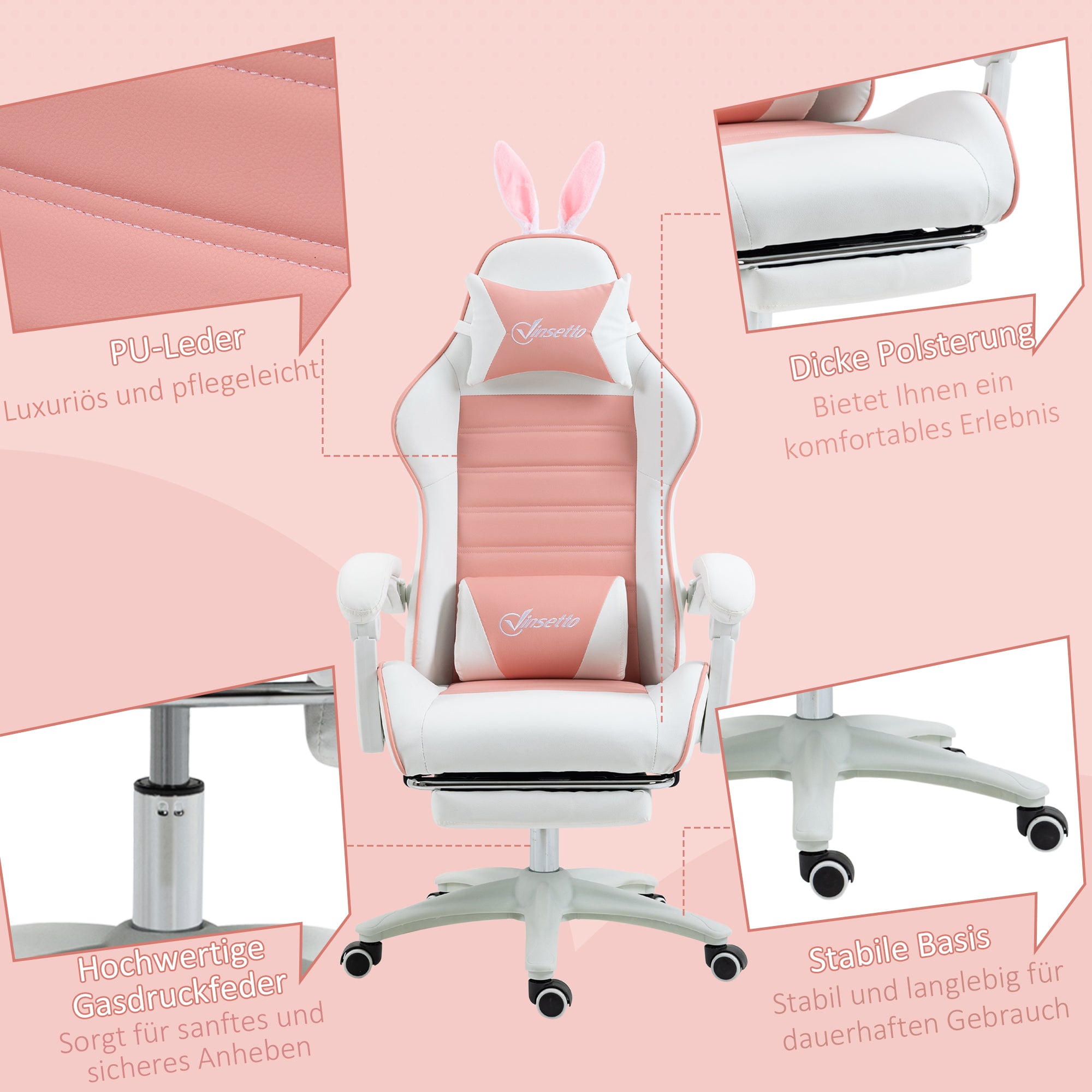 Vinsetto Gaming Stuhl Ergonomischer Gamer Stuhl mit Lendenwirbelstütze, Fußstütze Hasenohren Kopfkissen Rosa