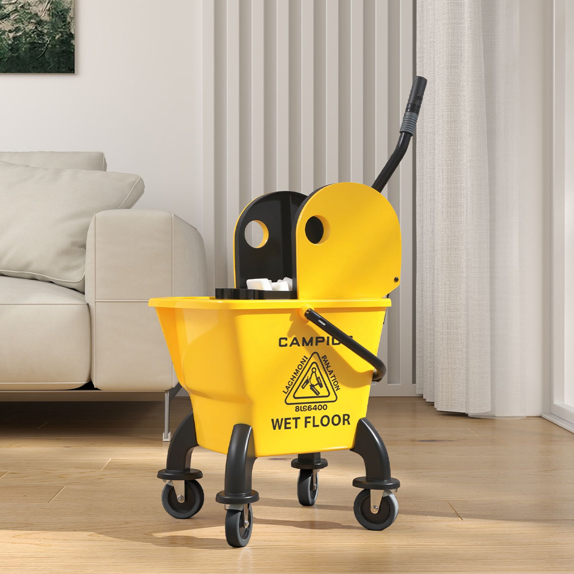 HOMCOM Rollbarer Mopp-Eimer, Wischeimer mit Auswringer und Mopp, 26 Liter, Gelb