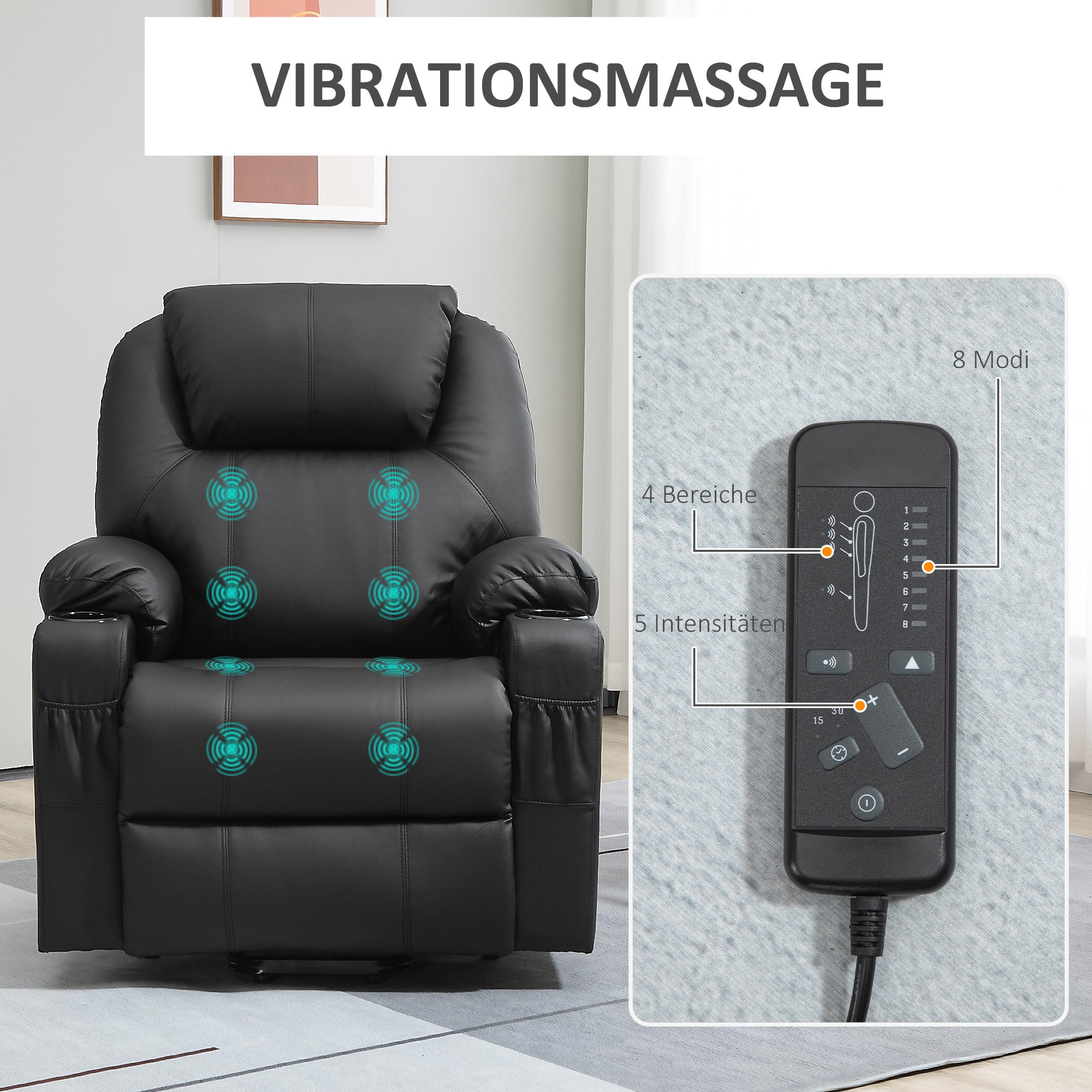 HOMCOM Aufstehsessel, Massagesessel, neigbare Rücklehne, 8 Massagemodi, elegantes Kunstleder, schwarz, 88 x 99 x 106cm
