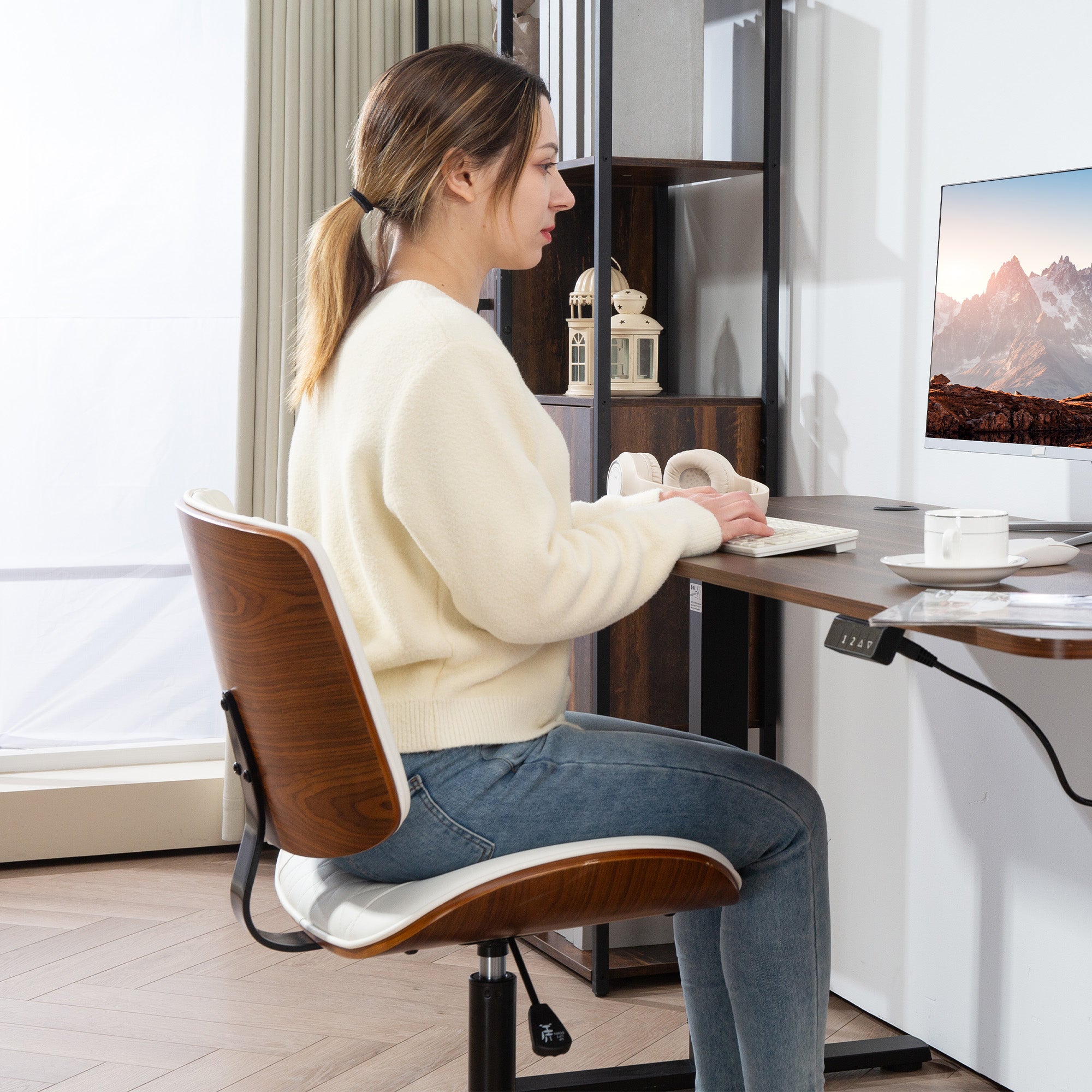 HOMCOM Bürostuhl Höhenverstellbarer Schreibtischstuhl mit Rolle, Diamantsteppung 52 x 53 x 80-90 cm Weiß