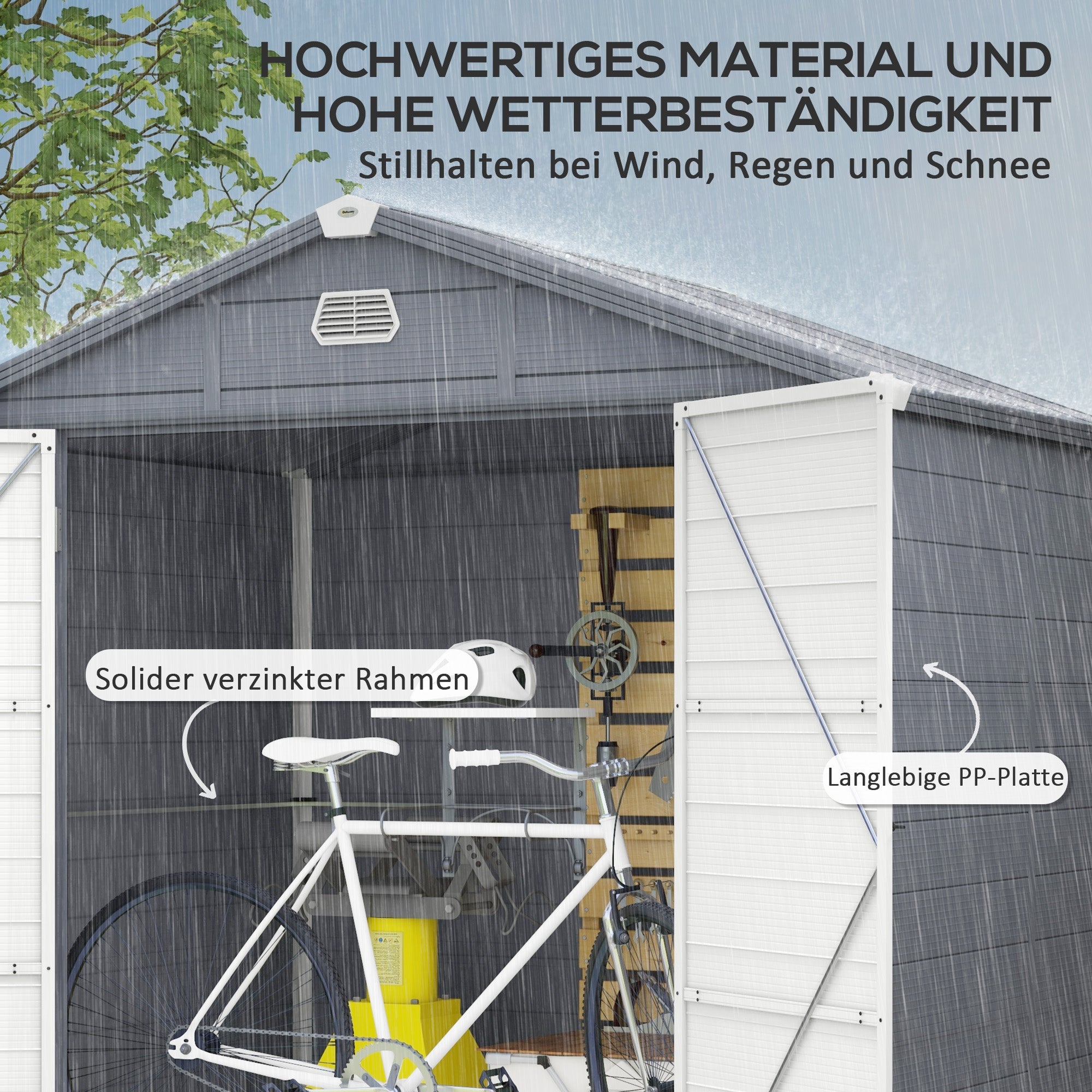 Outsunny Gerätehaus, Gartenhaus, Geräteschuppen mit Lüftungsfenster, Kunststoff, Metall, 240 x 190 x 180/228, Grau