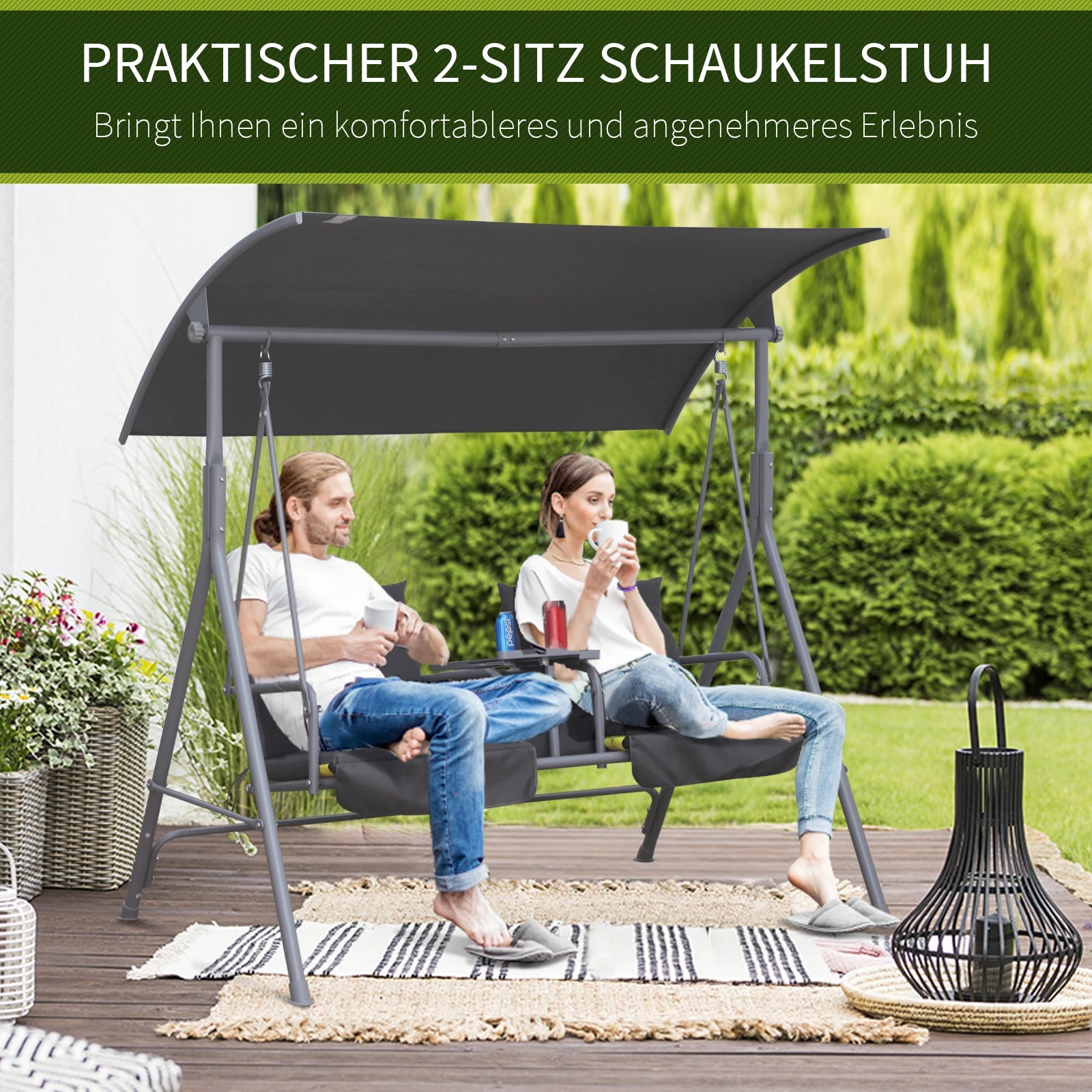 Outsunny Hollywoodschaukel 2-Sitzer mit Sonnendach Becherhalter