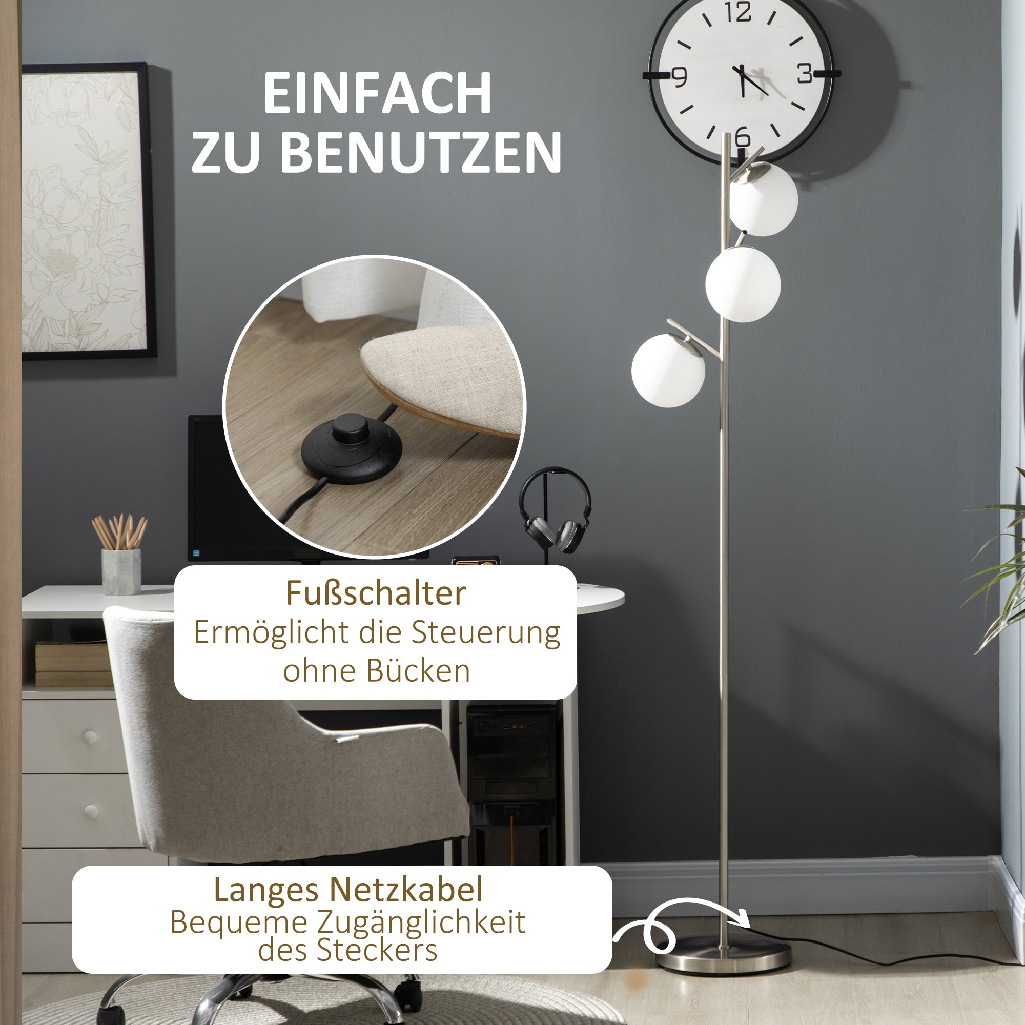 HOMCOM Stehlampe mit 3 Lampenschirmen aus Glas, E 27, Fußschalter, Silber + Weiß