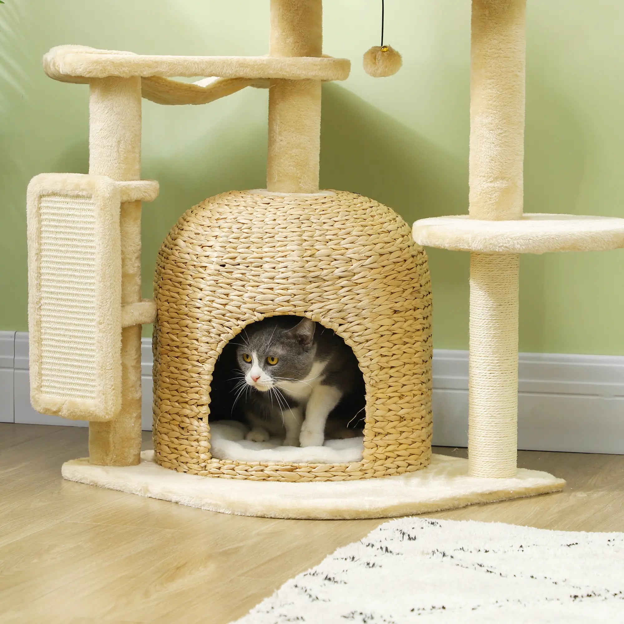 PawHut Kratzbaum 112?cm mit Höhle & Spielbällen Beige