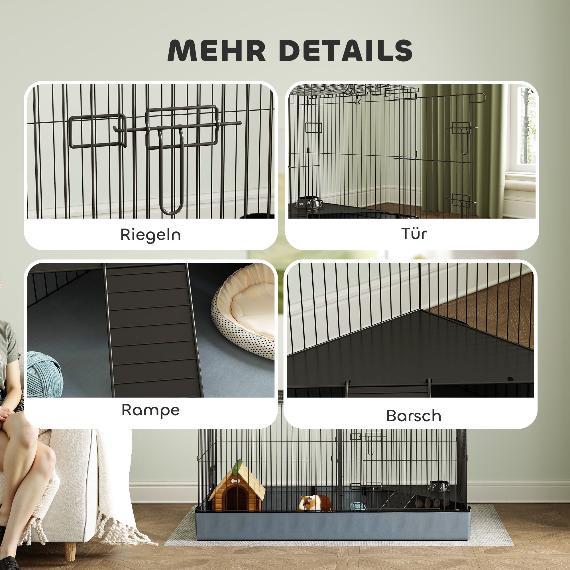 PawHut 2-in-1-Zwerghamsterkäfig, Kleintierkäfig, Stoffboden, Sitzstangen, Rampe, Schwarz