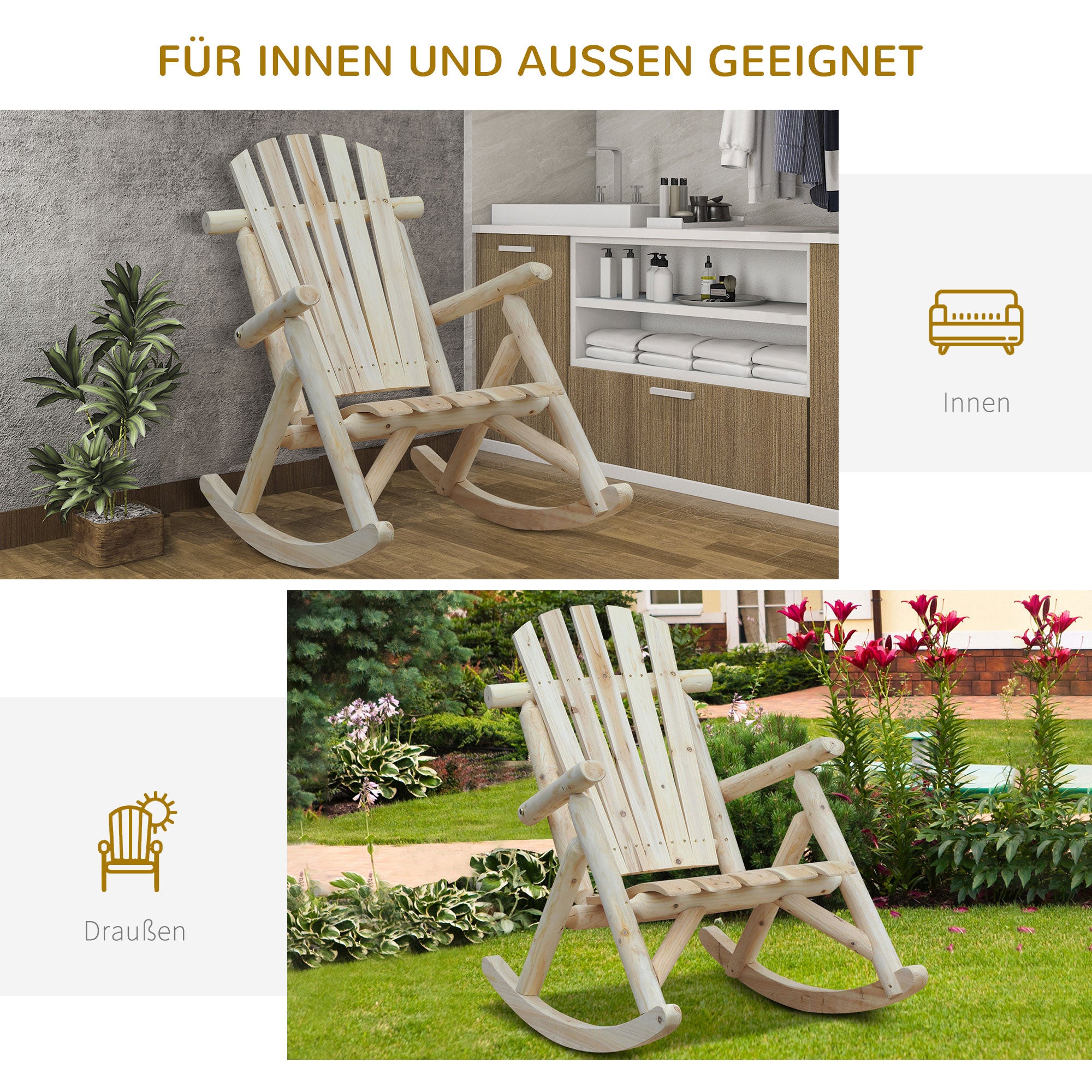 Outsunny Schaukelstuhl aus Holz Schaukelsessel mit hoher Rückenlehne wetterfest Gartenstuhl bis 113kg belastbar Relaxstuhl für Wohnzimmer Garten, Rasen, Balkon Natur