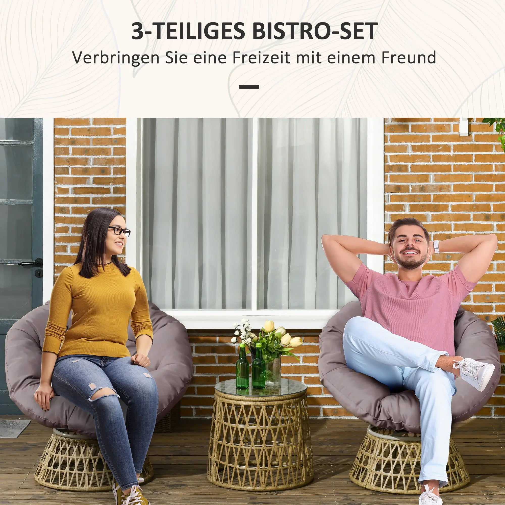 Outsunny Bistro-Set Balkon-Set Terrassenset, wetterbeständig, abnehmbare Polster, 85 cm x 70 cm x 82 cm, Natur +Hellbraun