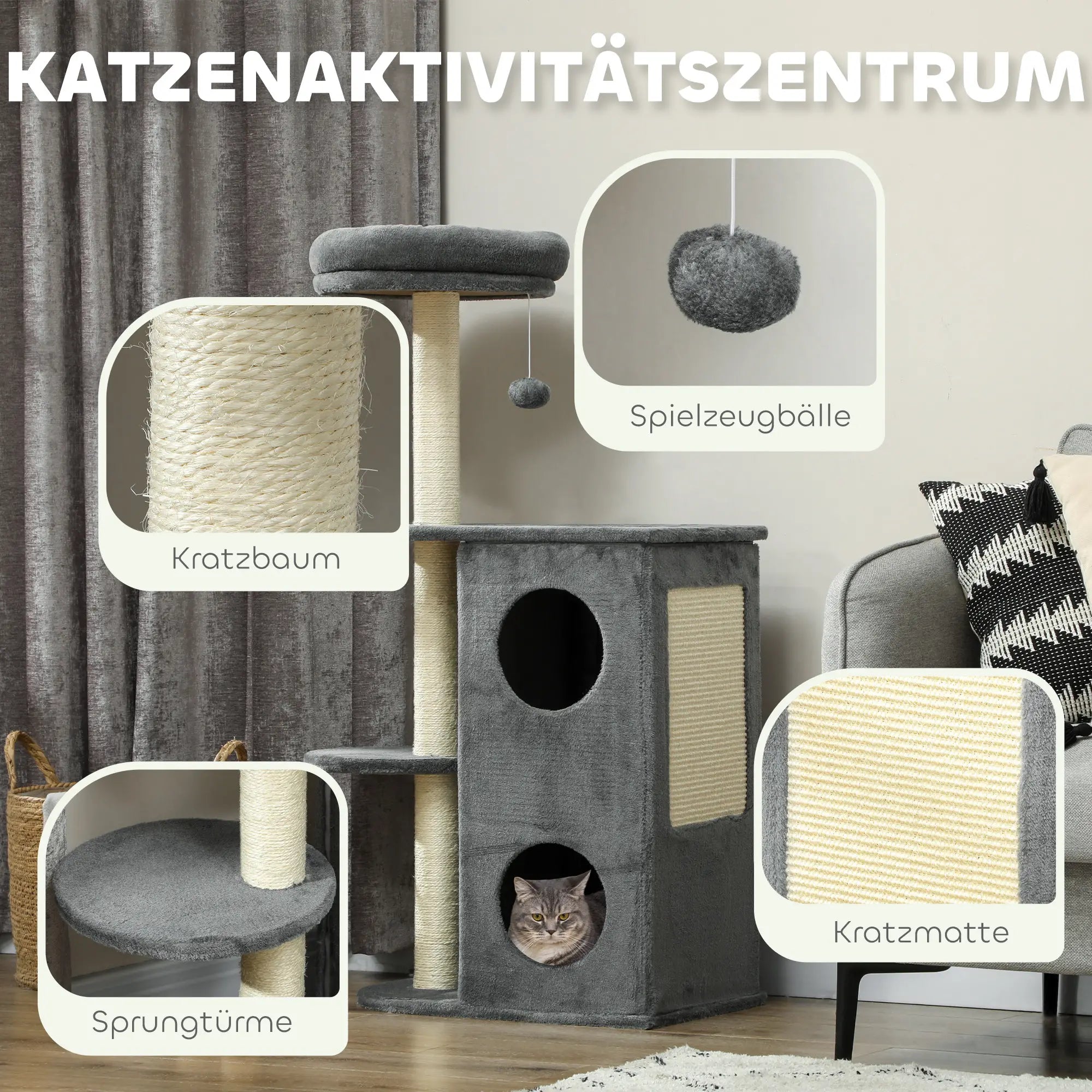 PawHut Kratzbaum 111?cm mit Höhle & Spielball Grau