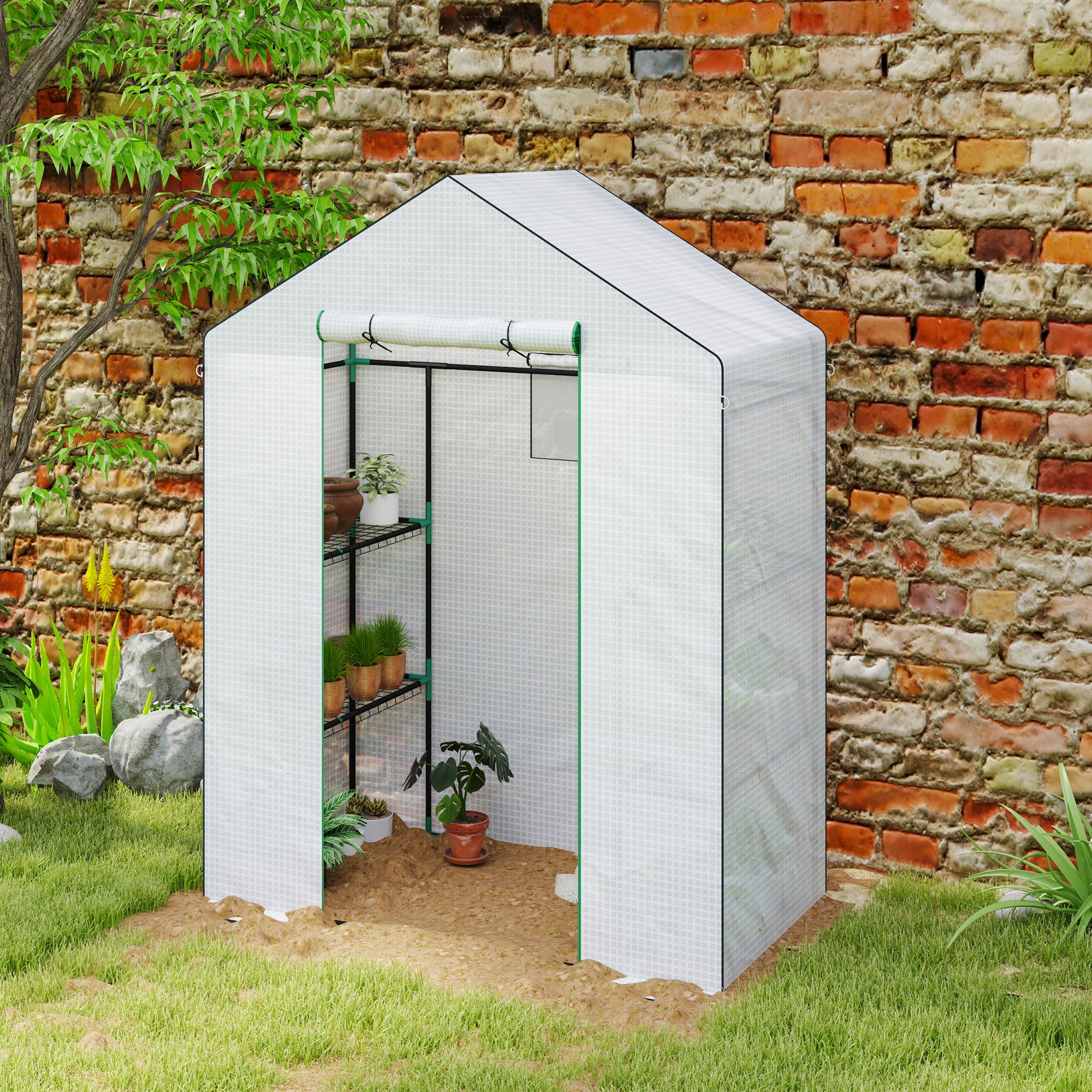 Outsunny Gewächshaus mit Regalen, Mini-Treibhaus, UV-beständig, Netzfenster, Reißverschlusstür, 143L x 74B x 190H cm, Weiß