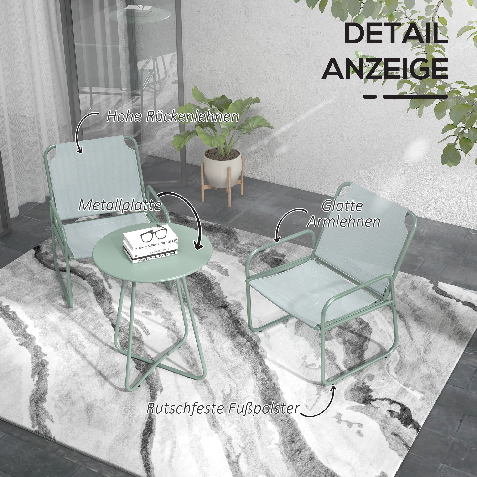 Outsunny 3-teiliges Gartenmöbelset, 2 Stühle mit atmungsaktivem Stoffbezug, 1 runder Tisch Ø60 cm, Grün