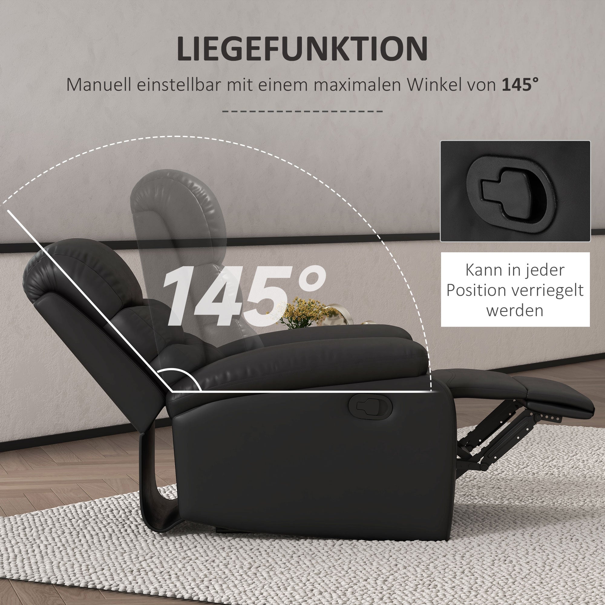 HOMCOM Relaxsessel Liegesessel, Liegefunktion, inkl. Fußstütze, 78 cm x 90 cm x 105 cm, Schwarz