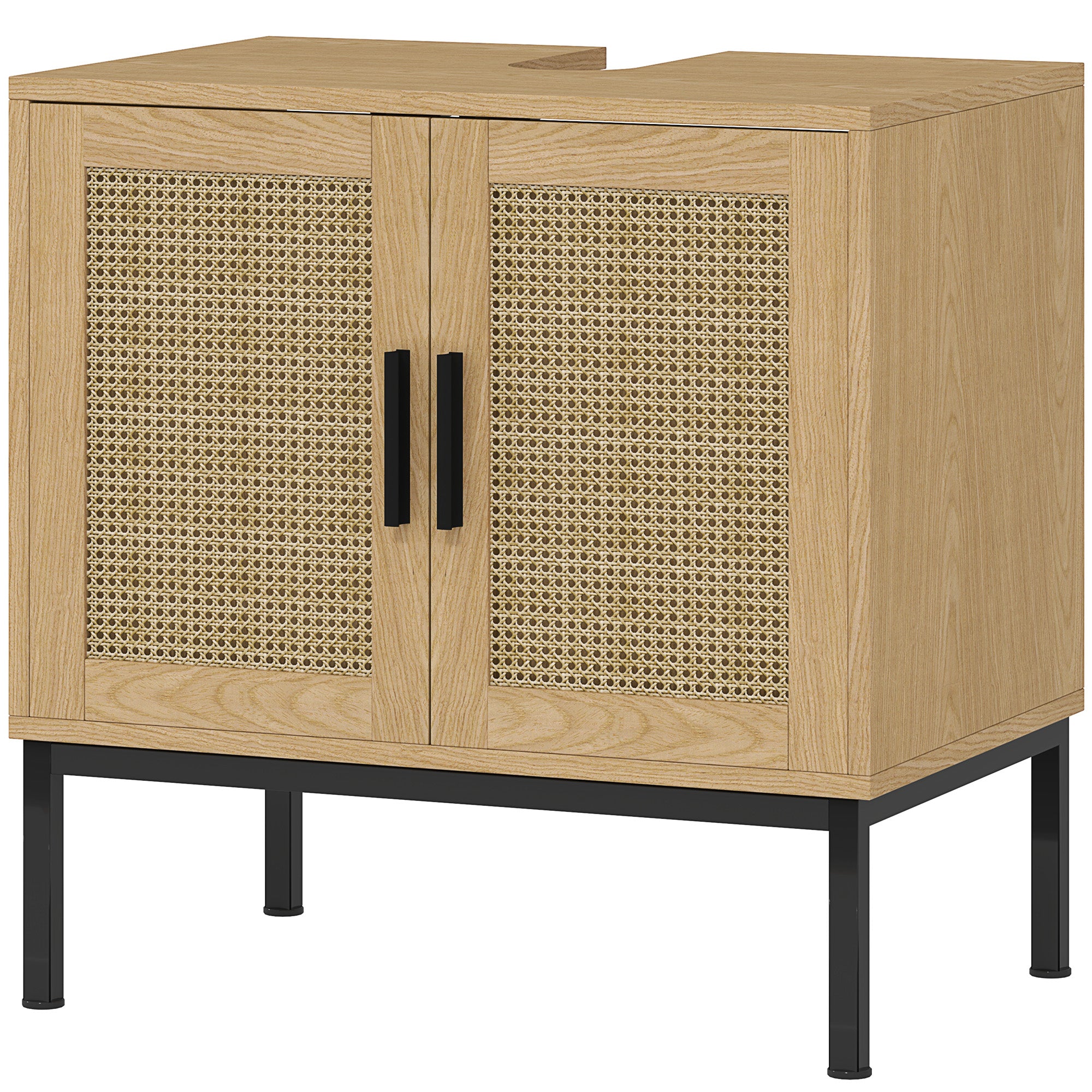 kleankin Badezimmerunterschrank, im Boho-Design, Badezimmerschrank, Rattan-Elemente, mit U-Ausschnitt, Eiche