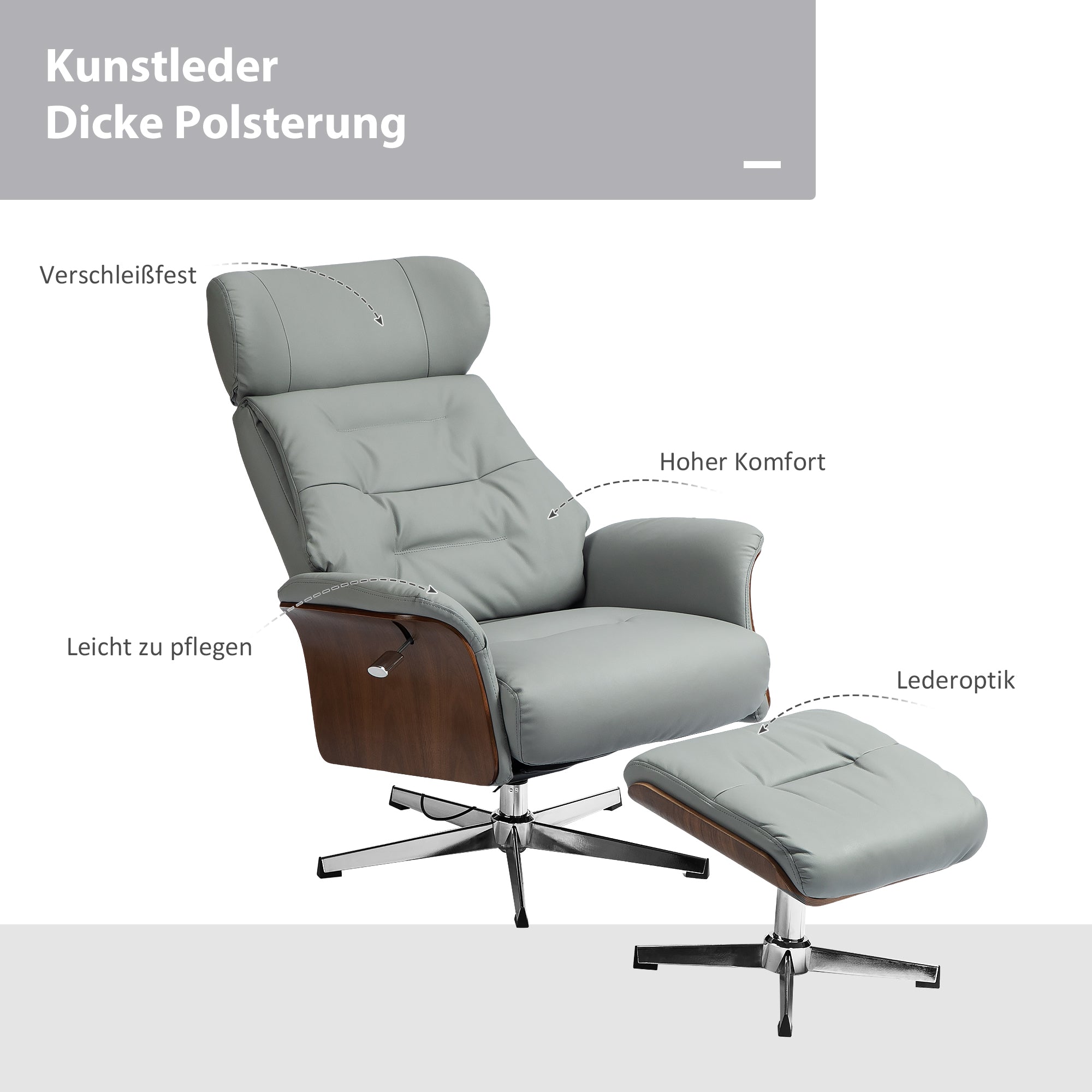 HOMCOM Relaxsessel mit Hocker, Liegefunktion, drehbar, Lederoptik, bis 150 kg, Hellgrau
