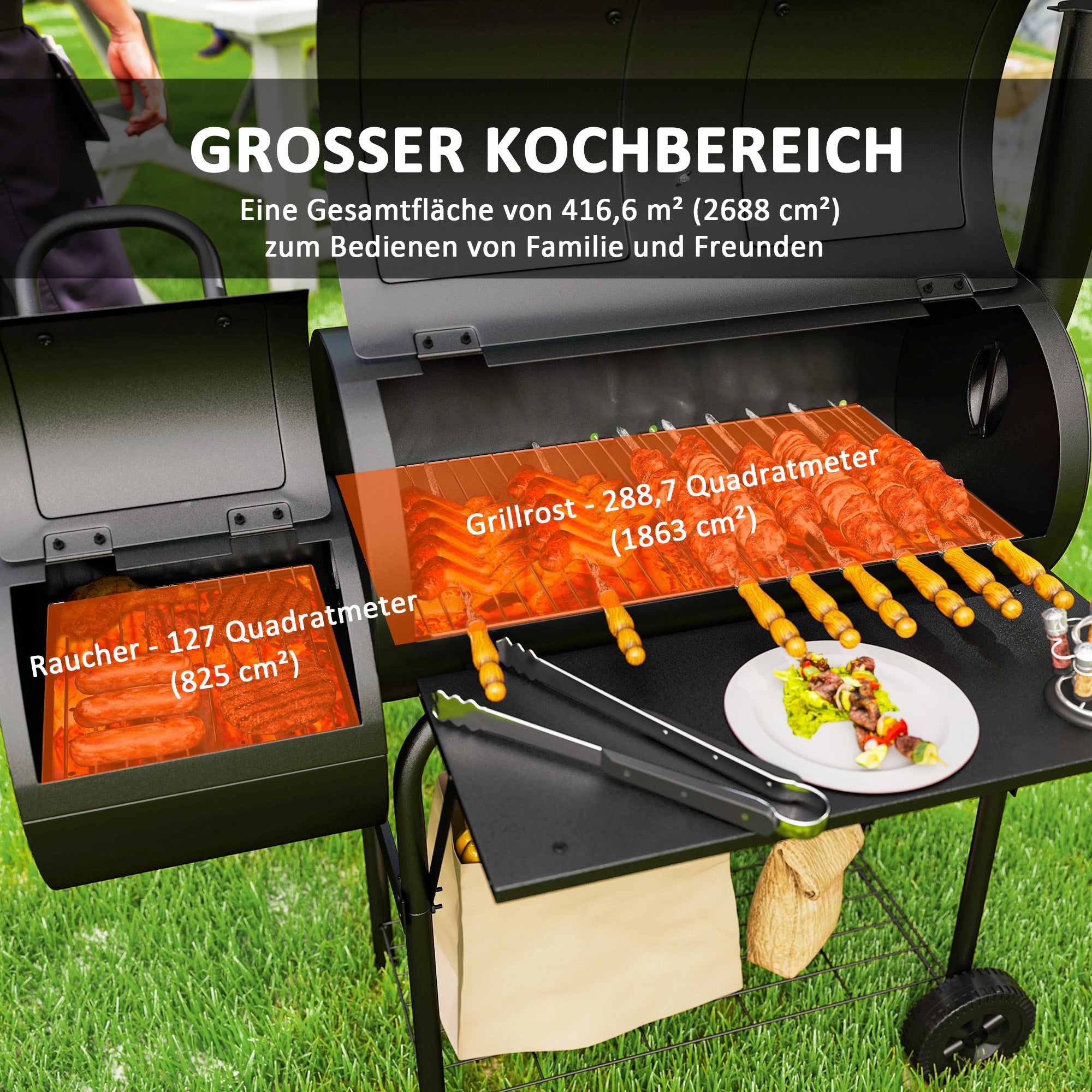 Outsunny Holzkohlegrill aus Stahl BBQ Smoker mit Deckel Thermometer Räder Luftzufuhr Kohlewanne