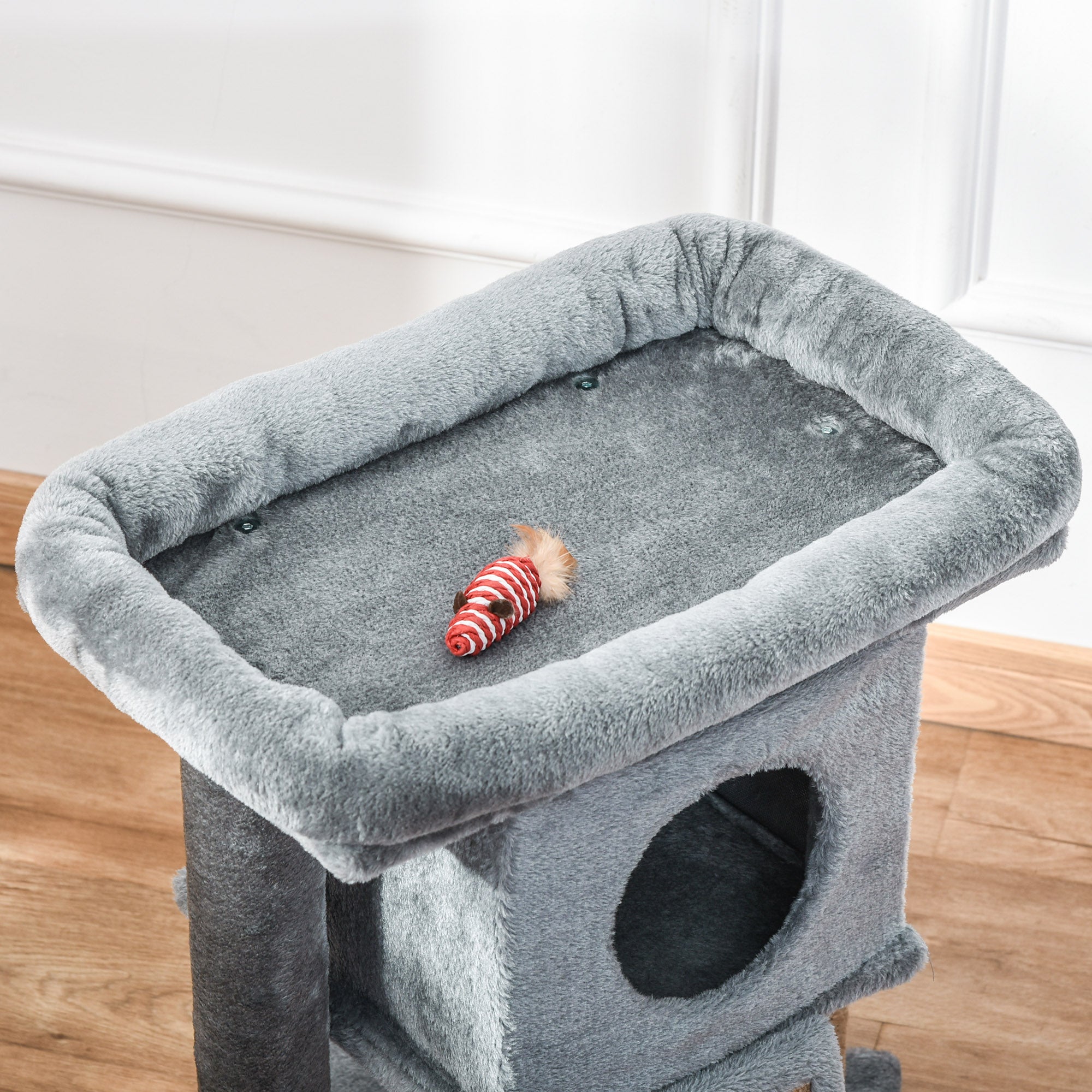 PawHut Kratzbaum 57 cm Kleiner Katzenbaum mit Katzenhöhle, Liegeplattform, Katzenkratzbaum mit Kratzbrett, Spielball, Katzenmöbel für Katzen bis 5 kg Hellgrau