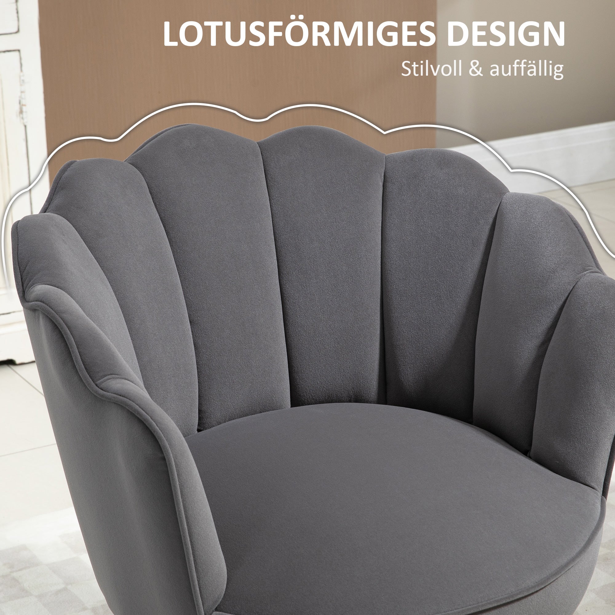 HOMCOM Sessel Wohnzimmer Loungesessel in Muschelform Relaxsessel mit Holzbeine, Polstersessel Lesesessel mit Samtoptik, Polsterstuhl für Schlafzimmer Dunkelgrau