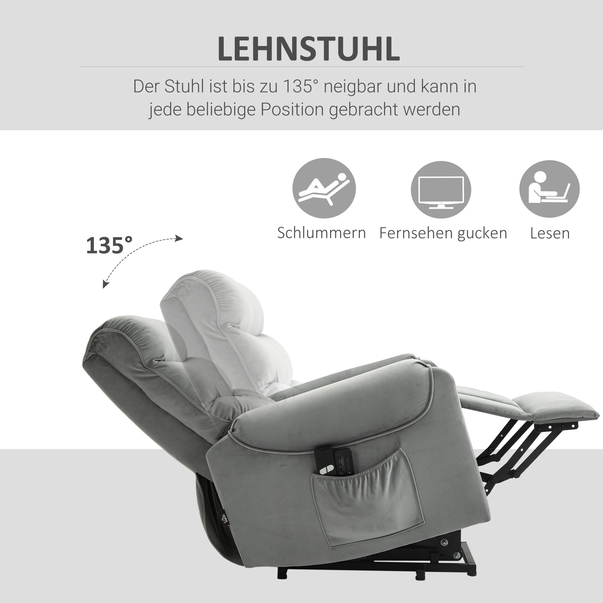 HOMCOM Aufstehhilfe Relaxsessel TV Sessel mit schlaffunktion elektrischer Fernsehsessel mit Liegefunktion Samtartiges Polyester Metall Schaumstoff Hellgrau 79 x 97 x 103 cm
