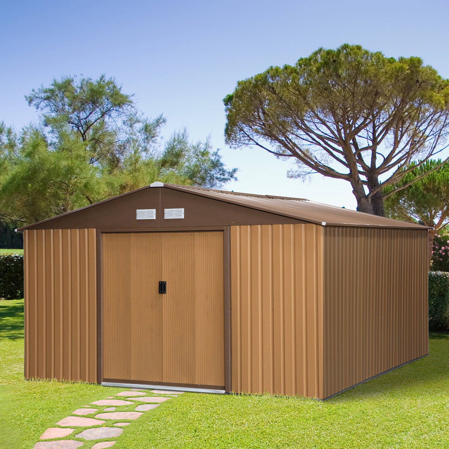 Outsunny Stahl Gerätehaus 20m³ Geräteschuppen Gartenhaus Fahrradschuppen Garten Schuppen Braun 340 x 386 x 200 cm