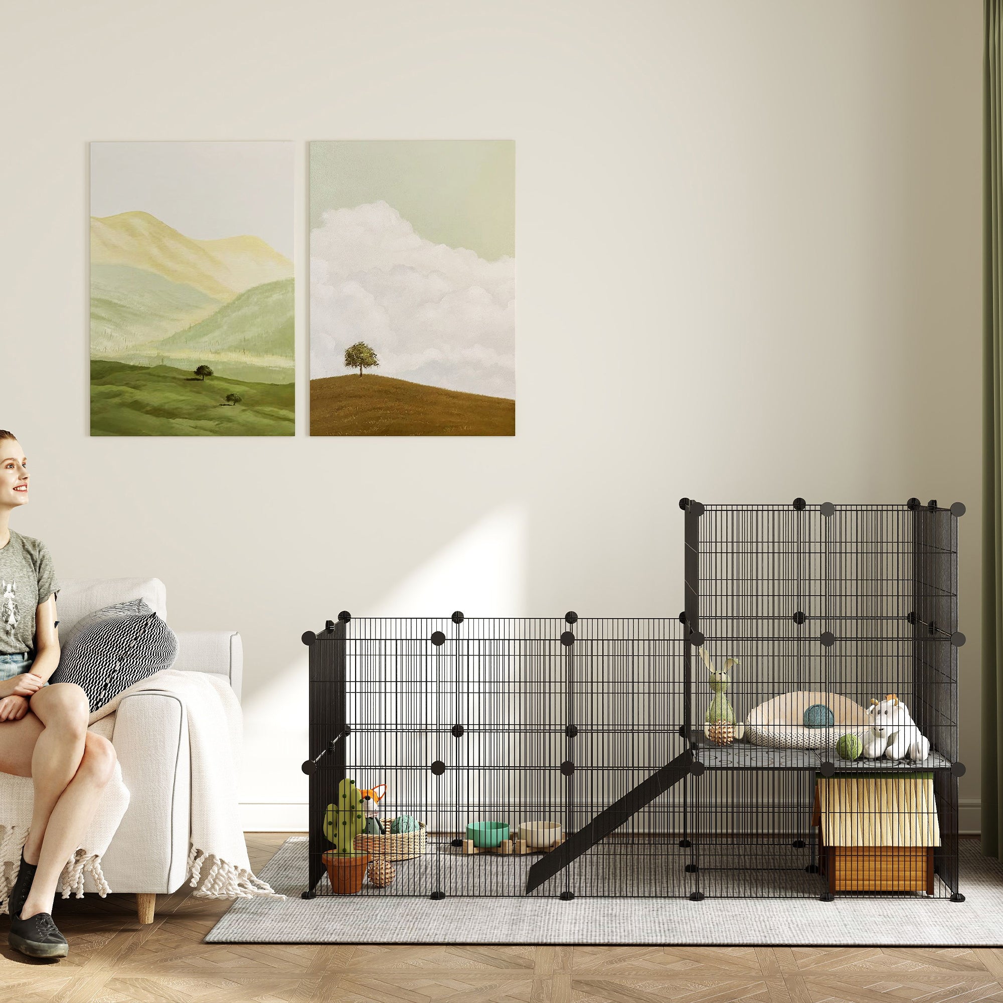 PawHut Gehege für Zwergkaninchen, 39-Paneel-Stall für kleine Haustiere, mit Rampe, für Kleintiere, Indoor, Schwarz