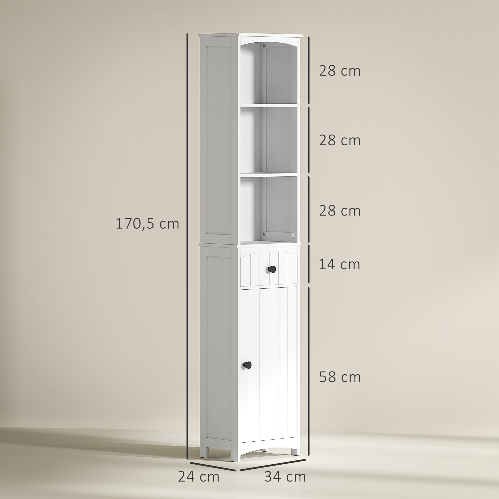 HOMCOM Badezimmerschrank mit 3 Regalen, 1 Schublade, robust, MDF, Weiß