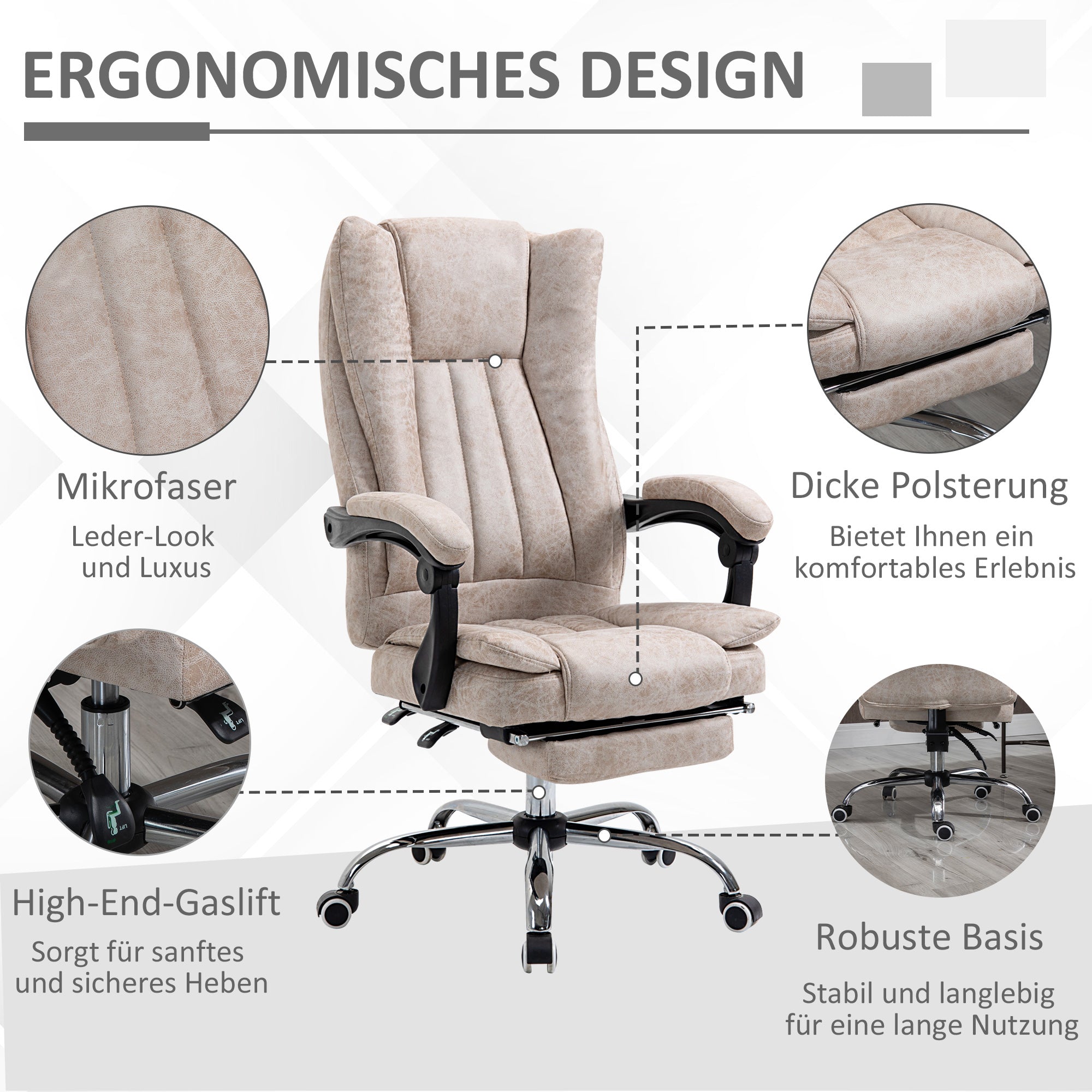 Vinsetto Bürostuhl Drehstuhl mit Liegefunktion Fußstütze Bürosessel Sitzhöhenverstellung Stuhl Schreibtischstuhl Mikrofaser Kunststoff Metall Nylon Beige+Schwarz+Silber 63 x 71 x 110-118 cm