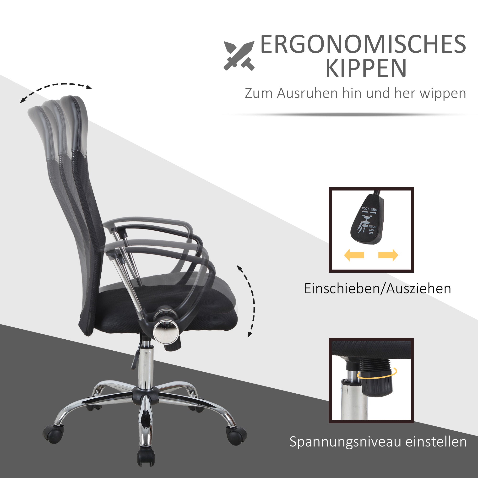 HOMCOM Ergonomischer Bürostuhl, Gaming Stuhl, Drehstuhl mit Wippenfunktion, höhenverstellbarer Schreibtischstuhl, Schaumstoff, Netz, Schwarz,  63 x 65 x 109-119 cm