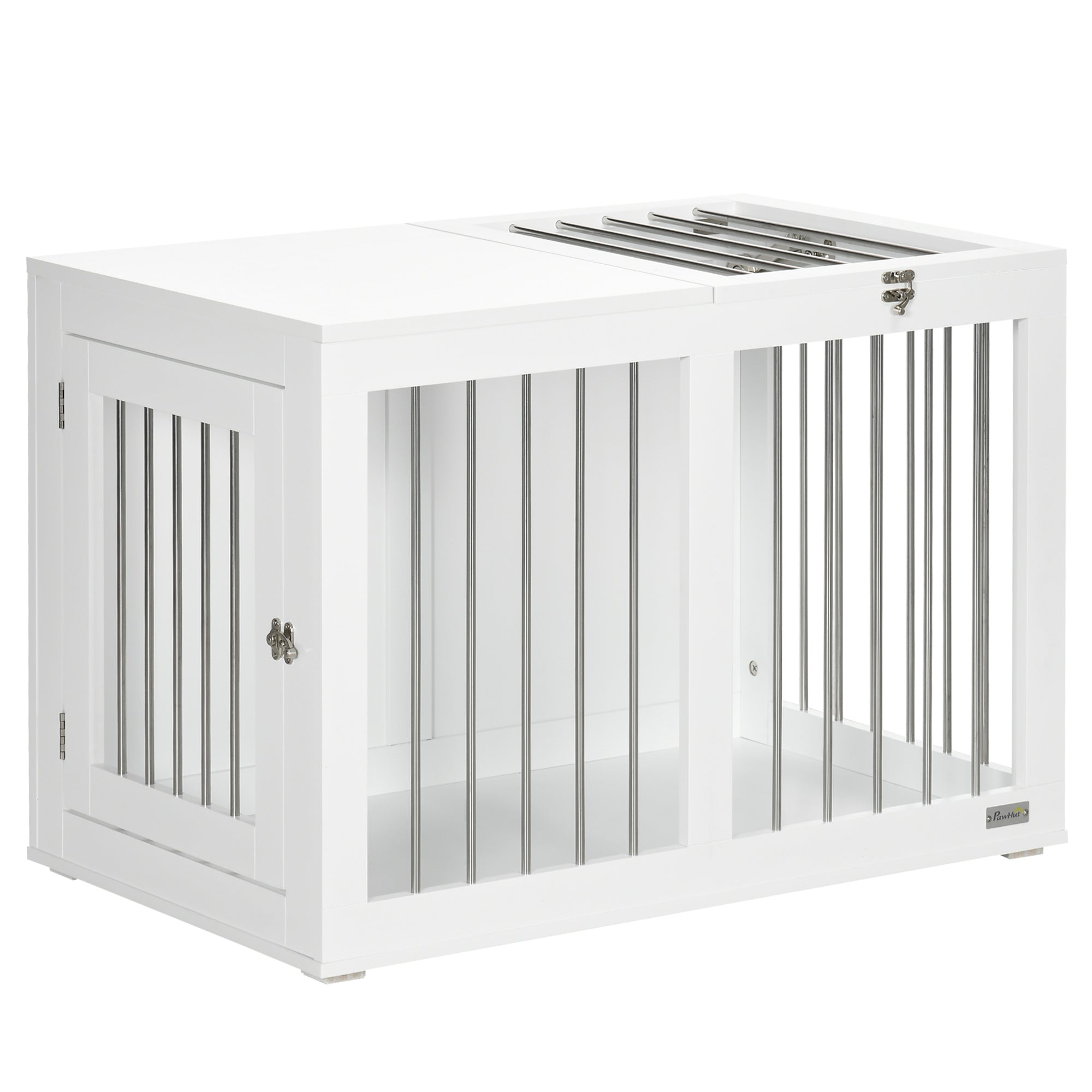 PawHut Hundekäfig mit 2 Türen, Hundebox, verriegelbar, Stahlgitter, 80 cm x 50 cm x 56,5 cm, Weiß + Silber