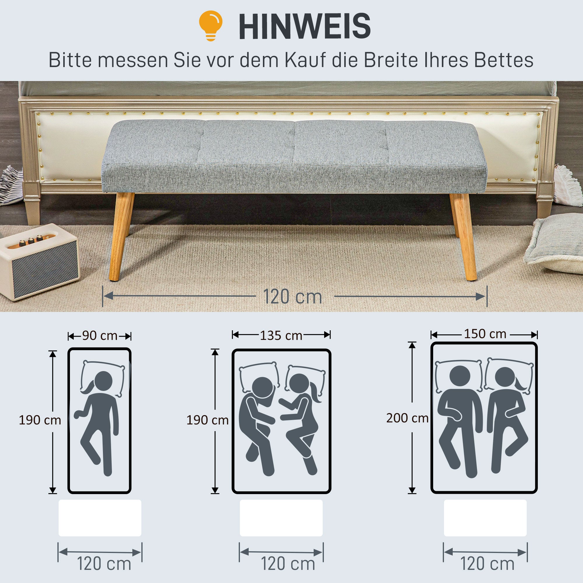 HOMCOM Polsterbank, Leinenoptik, Massivholzbeine, bis 120 kg, 120x41x43 cm, Grau