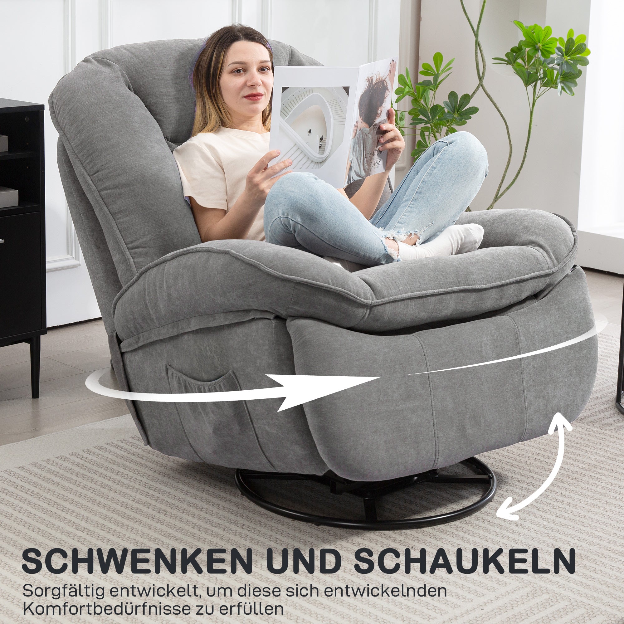 HOMCOM Relaxsessel, Fernsehsessel mit Liegefunktion, Schaukelfunktion, Drehbarer TV-Sessel mit Fußstütze, Grau