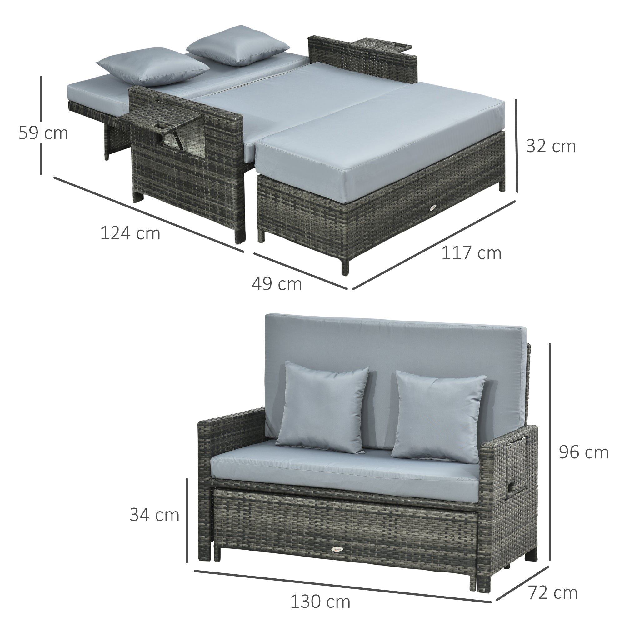 Outsunny Gartensofa mit Liegefunktion, ausfahrbare Fußbank mit Stauraum, Sitzkissen, grau, 130 x 72 x 96 cm