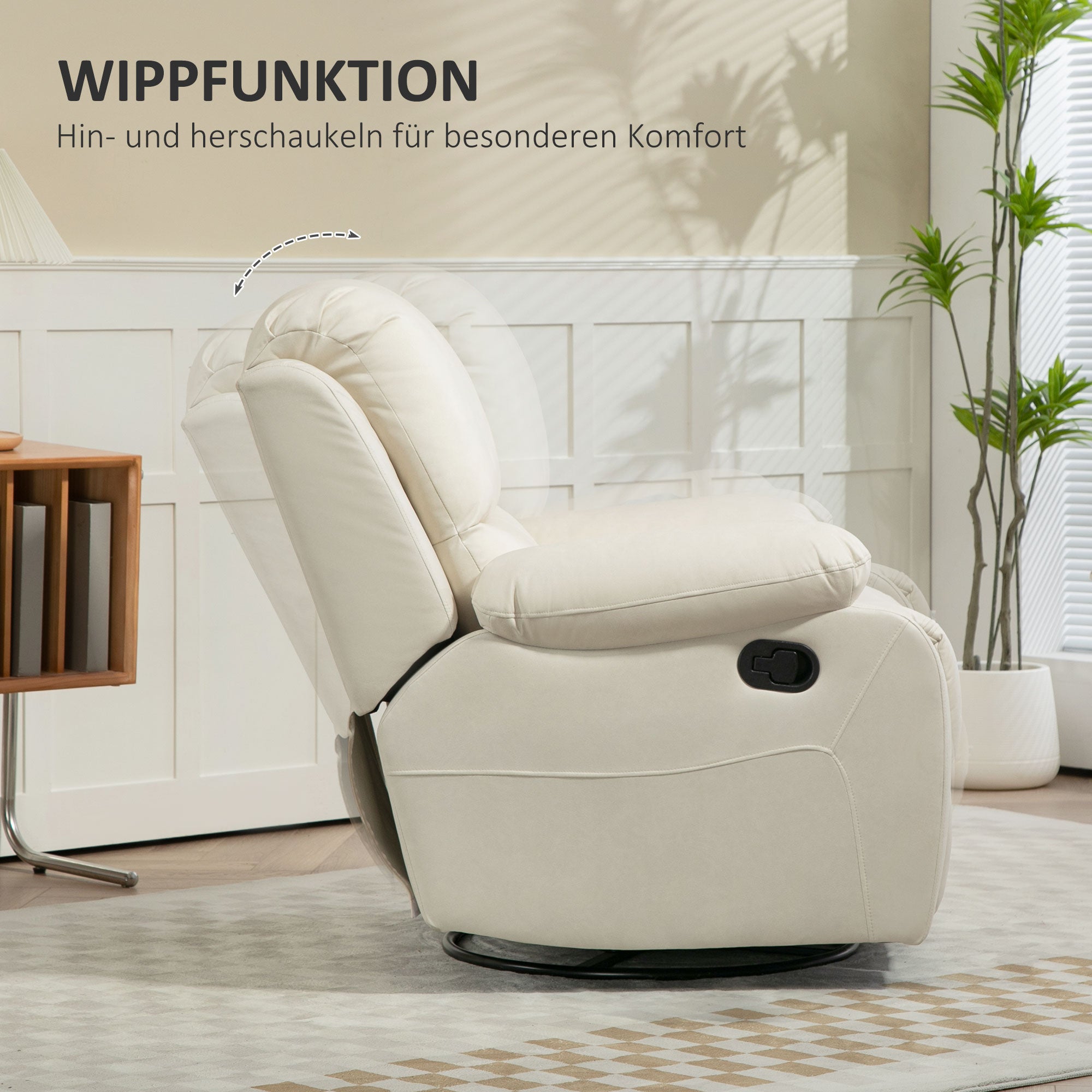 HOMCOM Relaxsessel, verstellbare Lehne & Fußstütze, drehbar, bis 150 kg, Stahlrahmen, 93x100x98cm, Cremeweiß