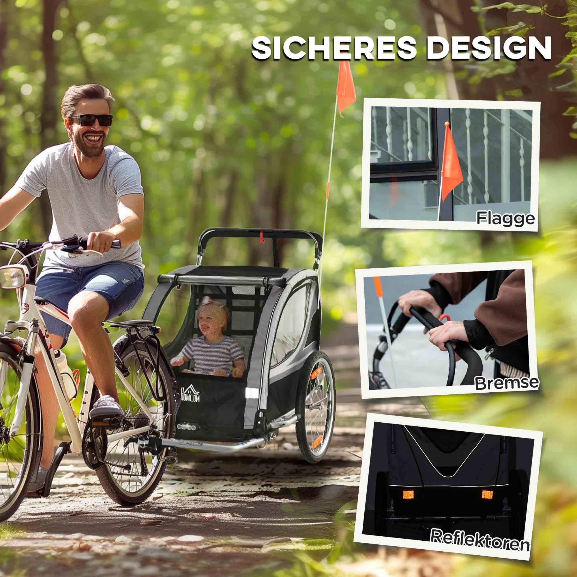 HOMCOM Kinderfahrradanhänger, Schiebewagen, mit Bremsen, klappbar, für 2 Kinder, Grau/Schwarz