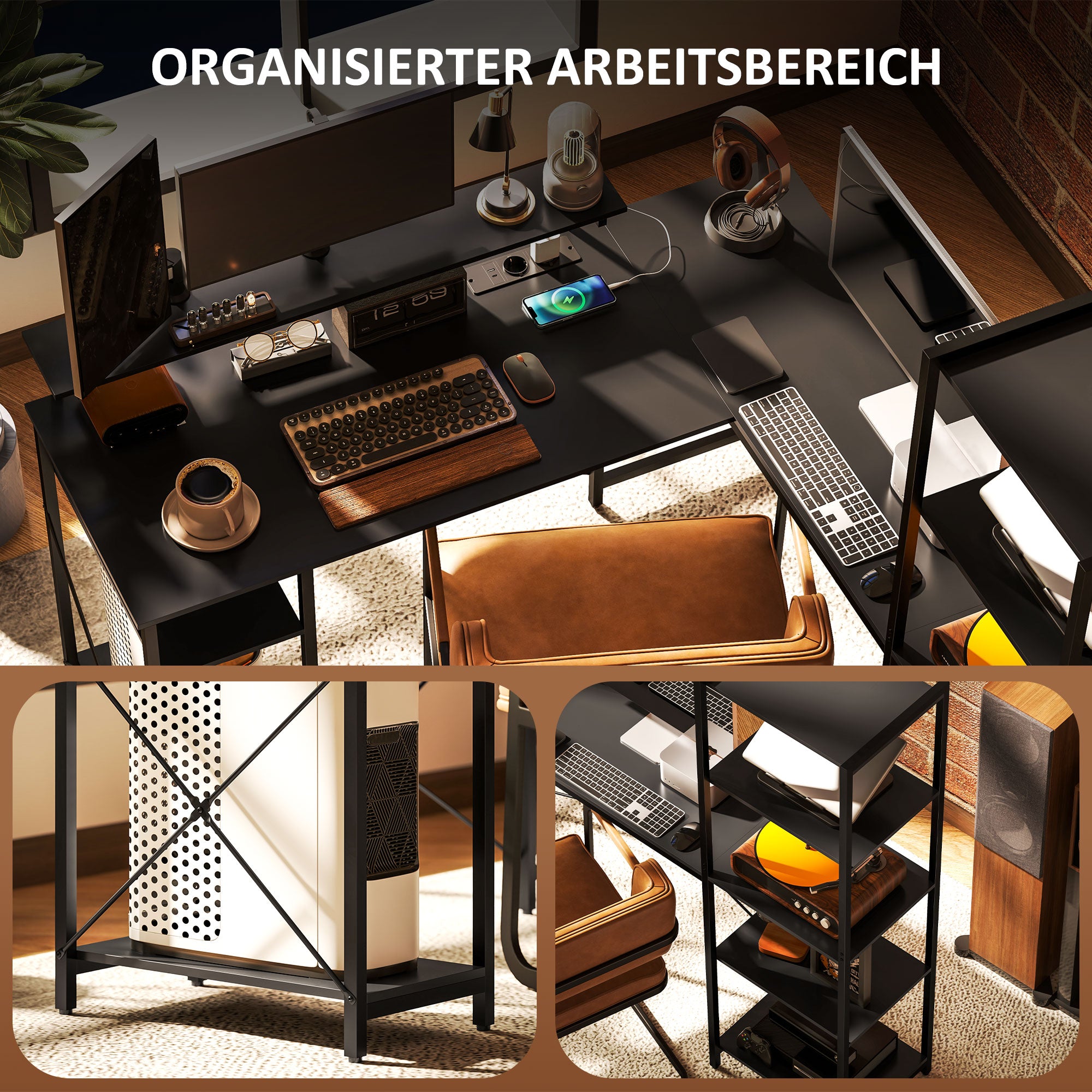 HOMCOM L-förmiger Schreibtisch mit Ladestation, Eck-Computertisch mit Monitorständer und Regalen, für Homeoffice, Büro, Schwarz