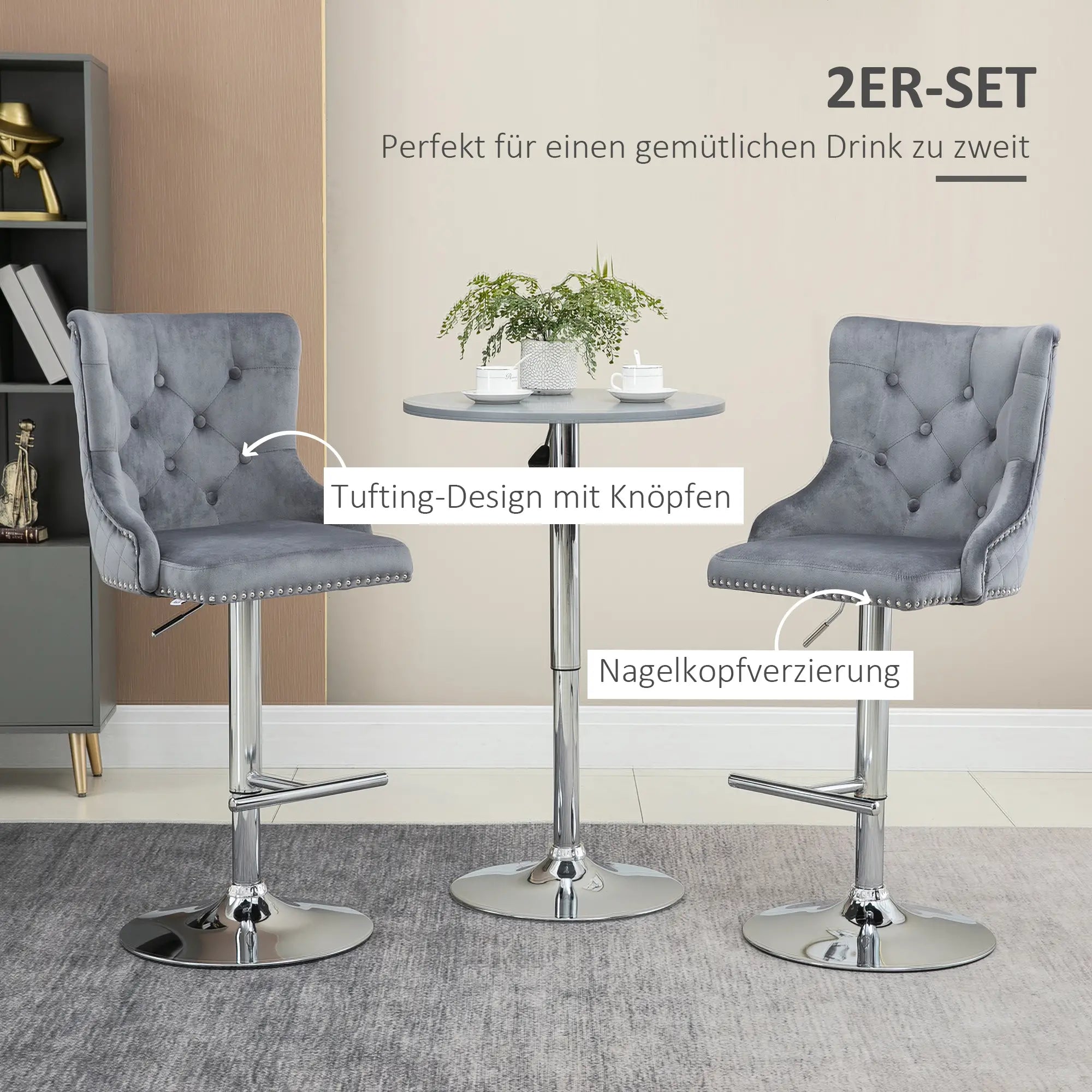 HOMCOM Barhocker 2er-Set höhenverstellbar drehbar Tufting
