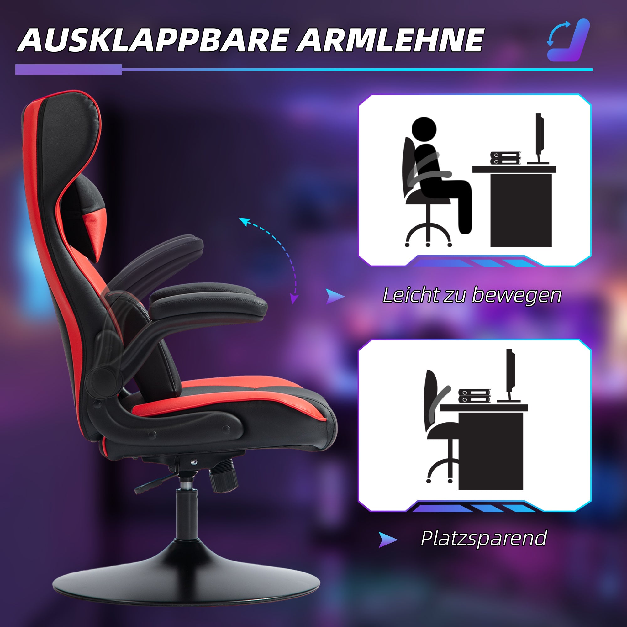 Vinsetto Gaming-Stuhl mit Schaukelfunktion, Drehstuhl, höhenverstellbar, gepolsterter Sitz, Metall, 67 x 71 x 112 cm, Rot