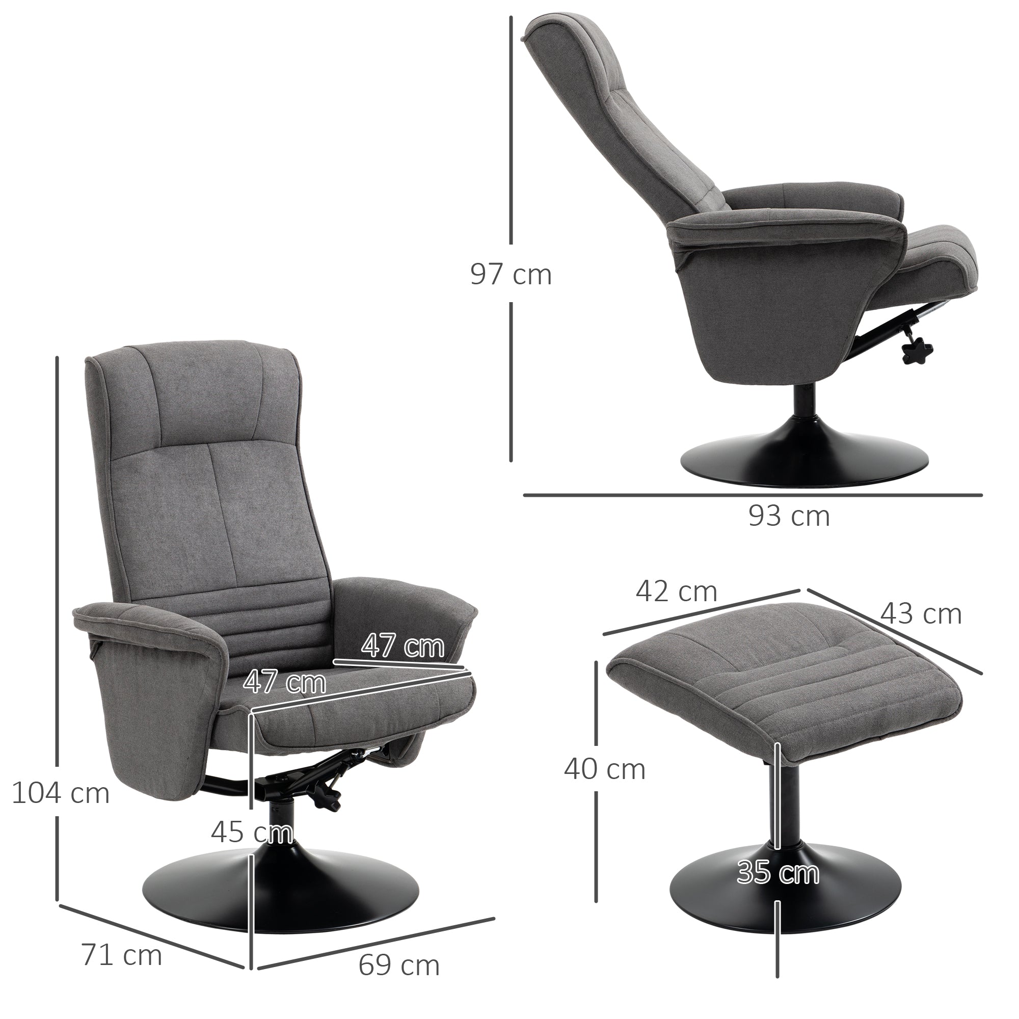 HOMCOM Relaxsessel mit Fußhocker, verstellbare Rückenlehne, 69 cm x 71 cm x 104 cm, Dunkelgrau + Schwarz