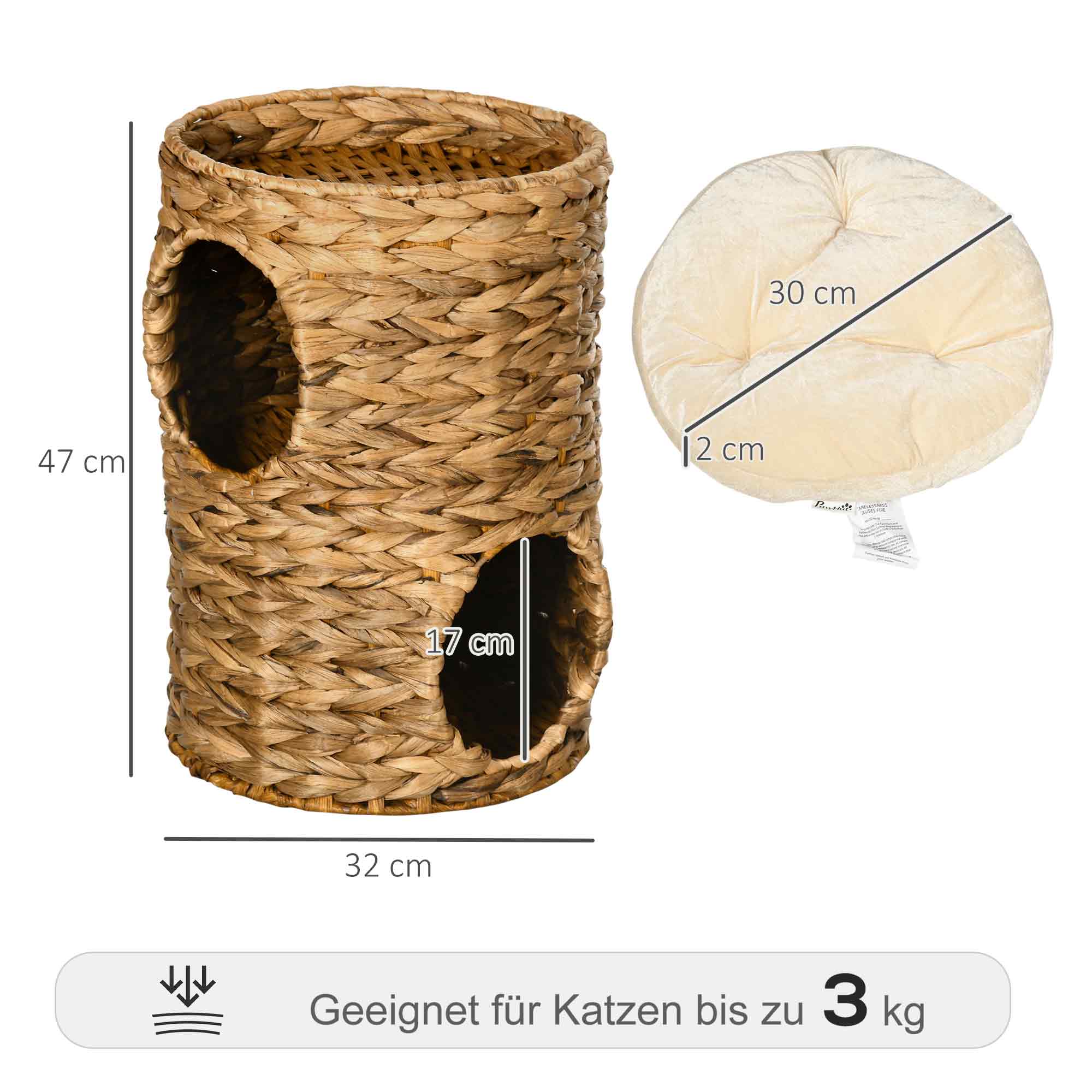 PawHut Kratztonne, 47 cm, 2 Höhlen, Kissen, Kratzbaum mit Katzenbett, Katzenturm aus Wasserhyazinthe, Hellbraun