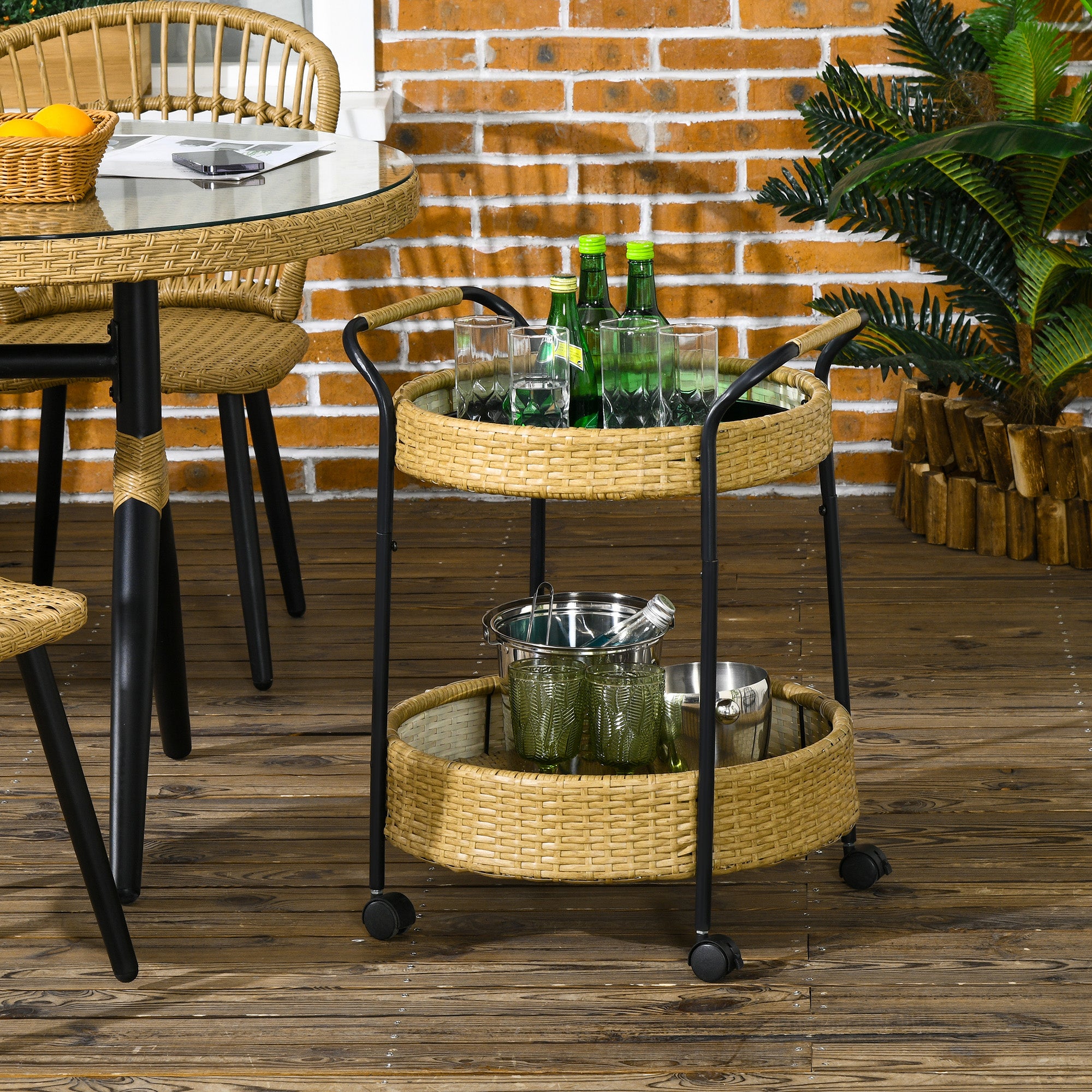 Outsunny Outdoor Servierwagen, 2 Etagen, Bremsen, Polyrattan, Metallrahmen, Φ50 x 66H cm, Gelb