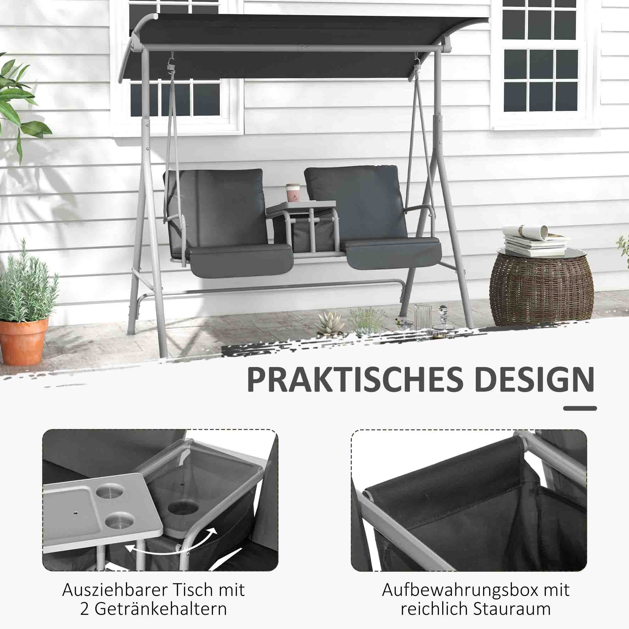 Outsunny Hollywoodschaukel, 2-Sitzer, mit Dach und Tisch, Metallrahmen, bis 180 kg, 175x110x165 cm, Schwarz