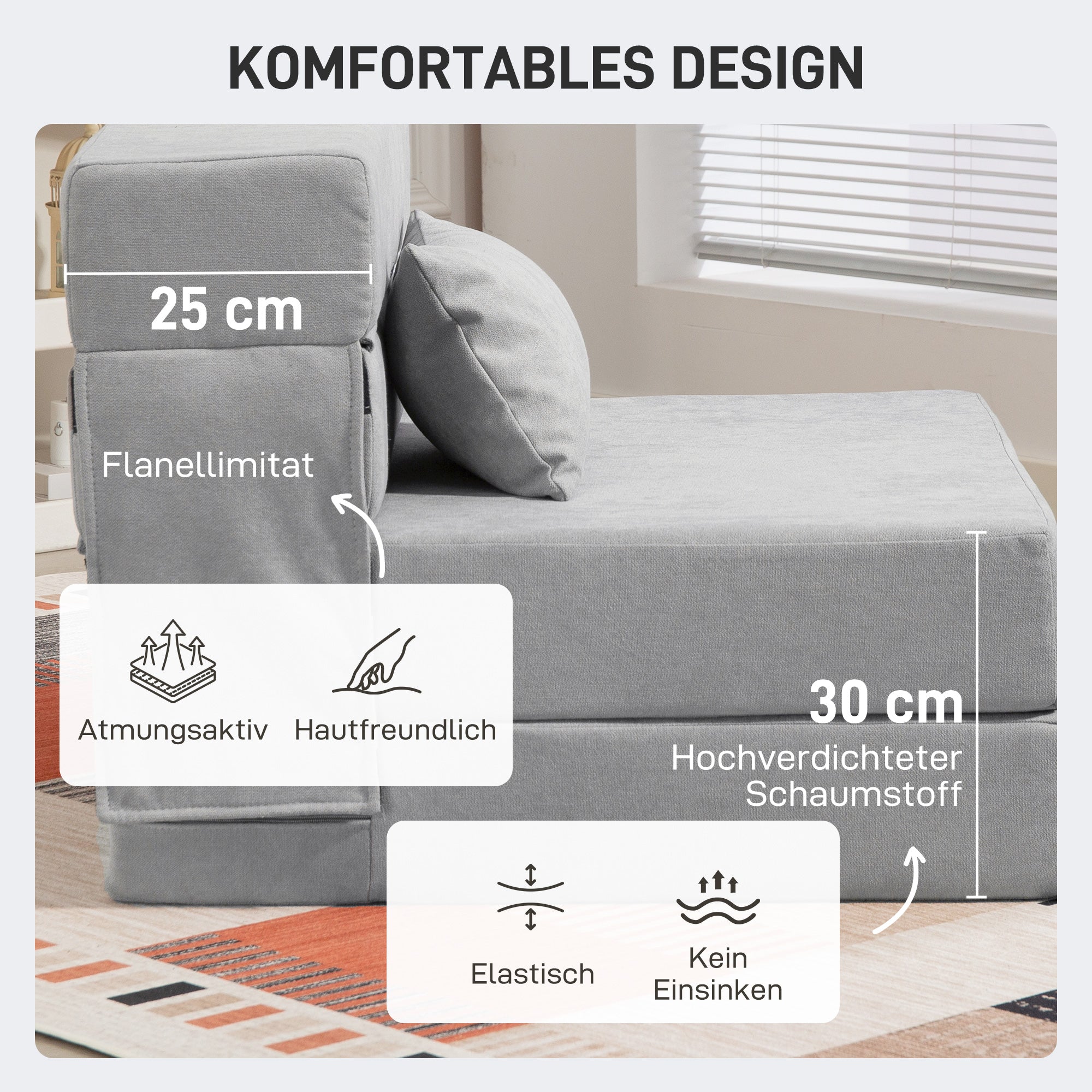 HOMCOM Bodensofa, Polstercouch, in Matratze umwandelbar, Schaumstoff, Kissen, Hellgrau