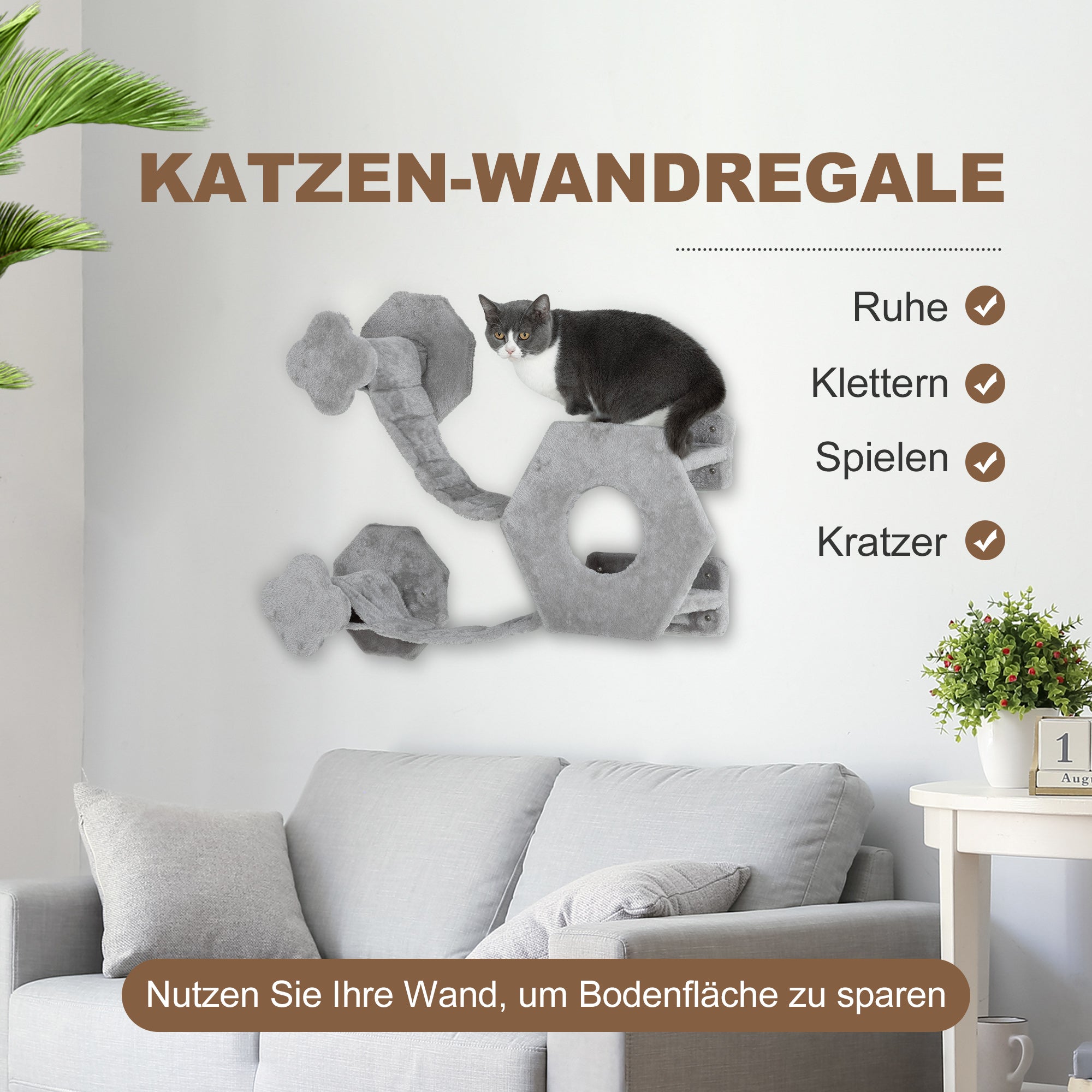 PawHut Katzen Kletterwand, inkl. Katzenhaus, Leitern, Spielball, platzsparend, Hellgrau