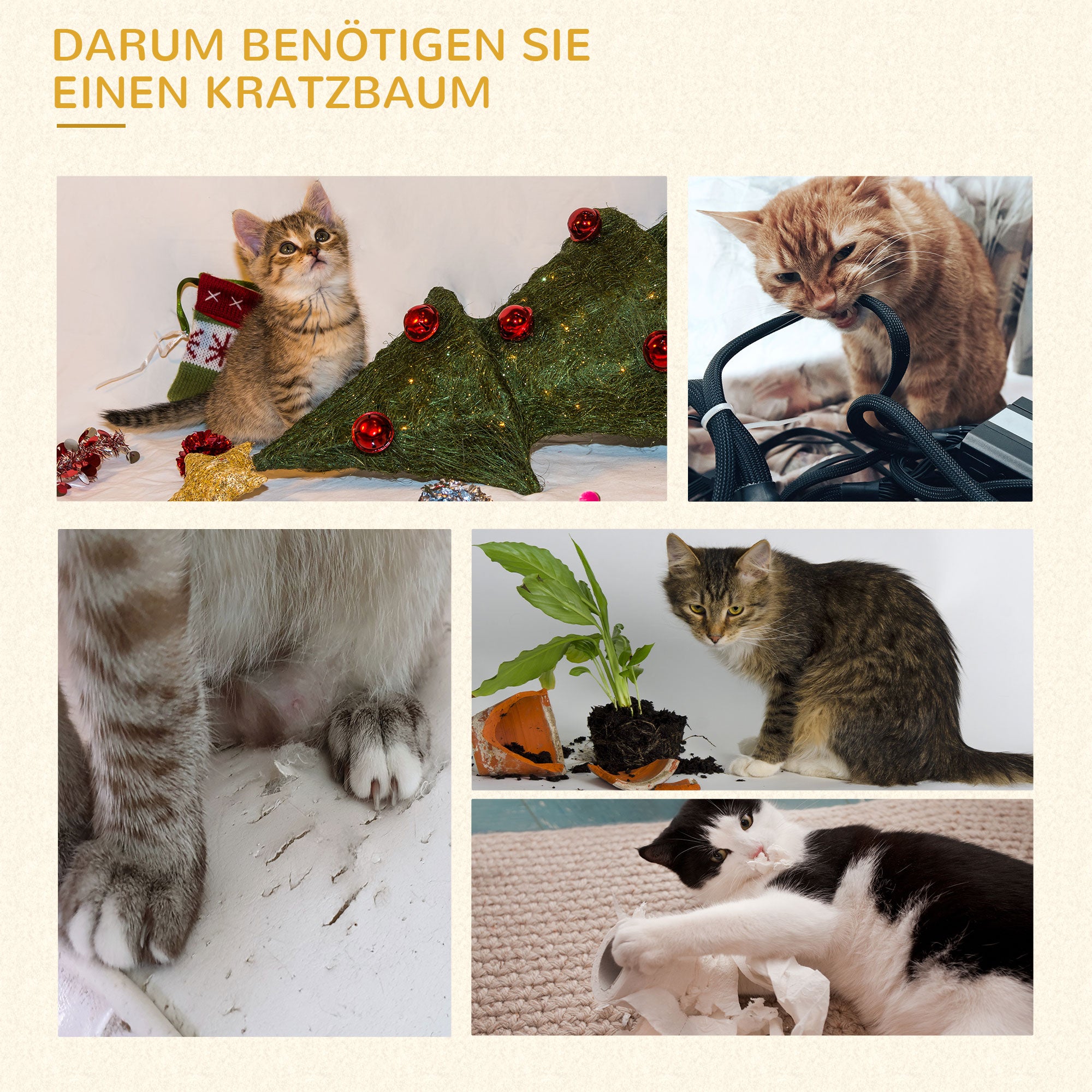 PawHut Kratzbaum mit 2 Hängematten u. 2 Katzenhöhlen inkl. Spielzeug Plüsch Sisalseil Hellgrau