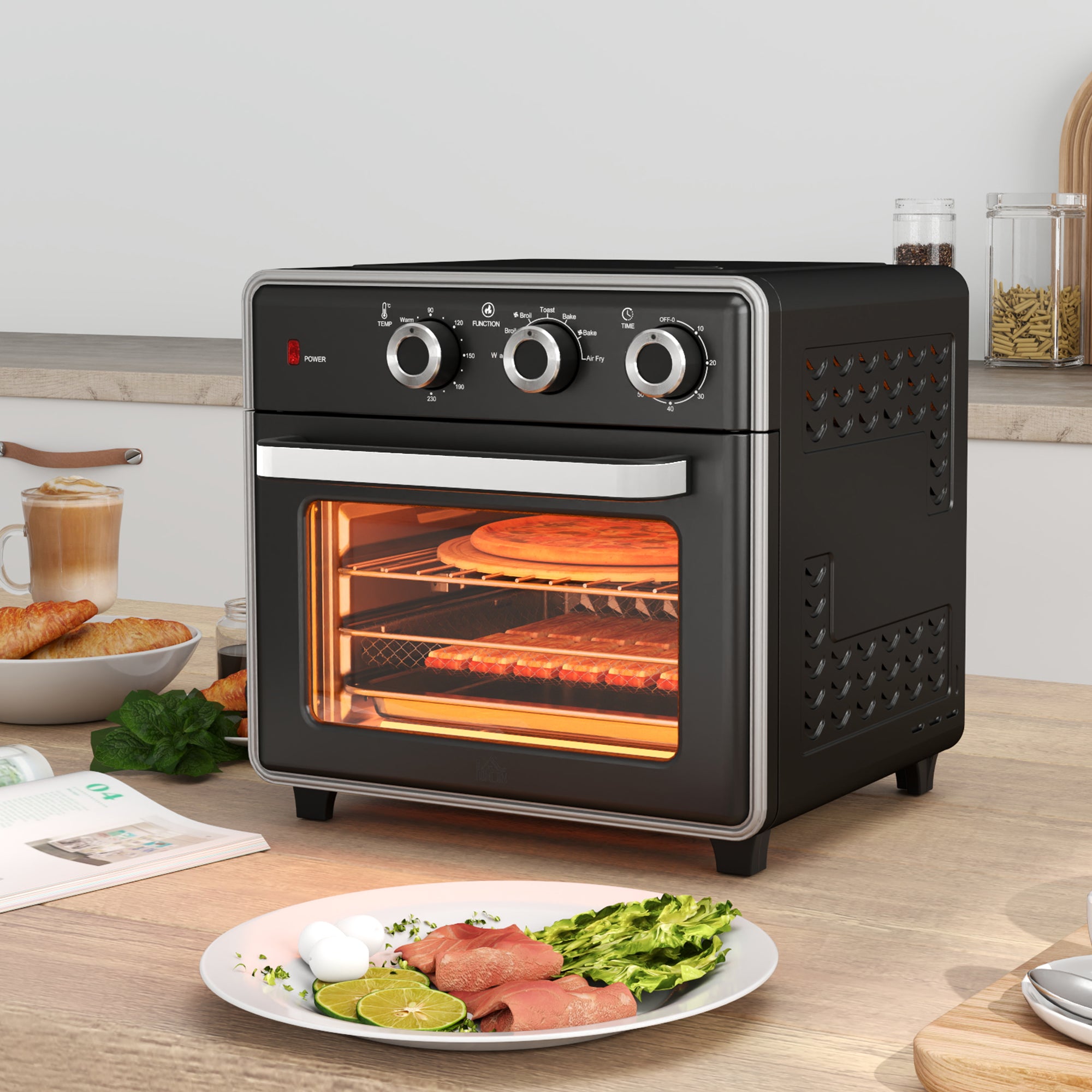 HOMCOM Minibackofen, 20L, 5 Funktionen, 360° Heißluft, Grillrost, Krümelblech, Schwarz