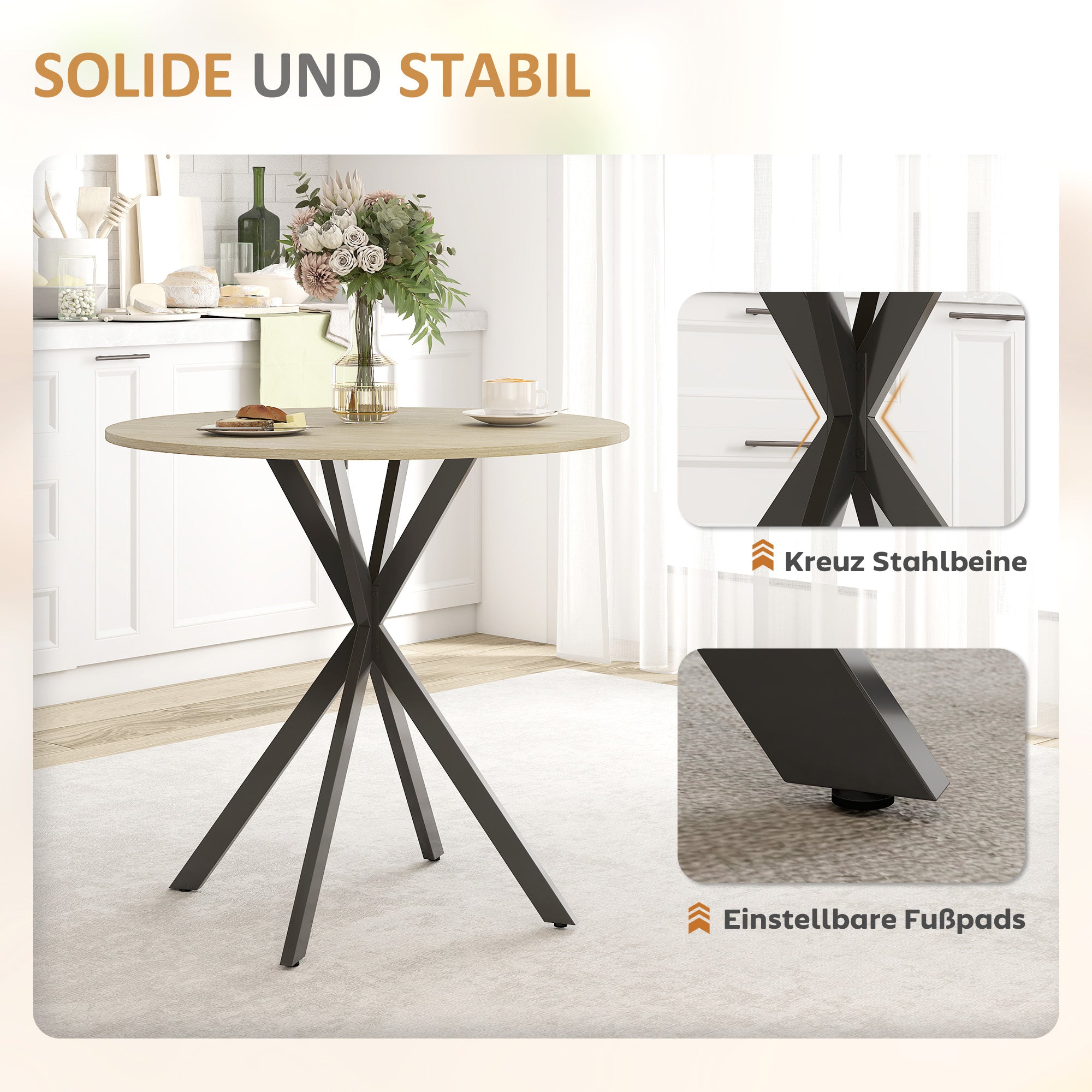 HOMCOM Runder Küchentisch, 80 cm, kompakte Tischplatte, Spanplatte, Metall, Weiße Eiche+Schwarz