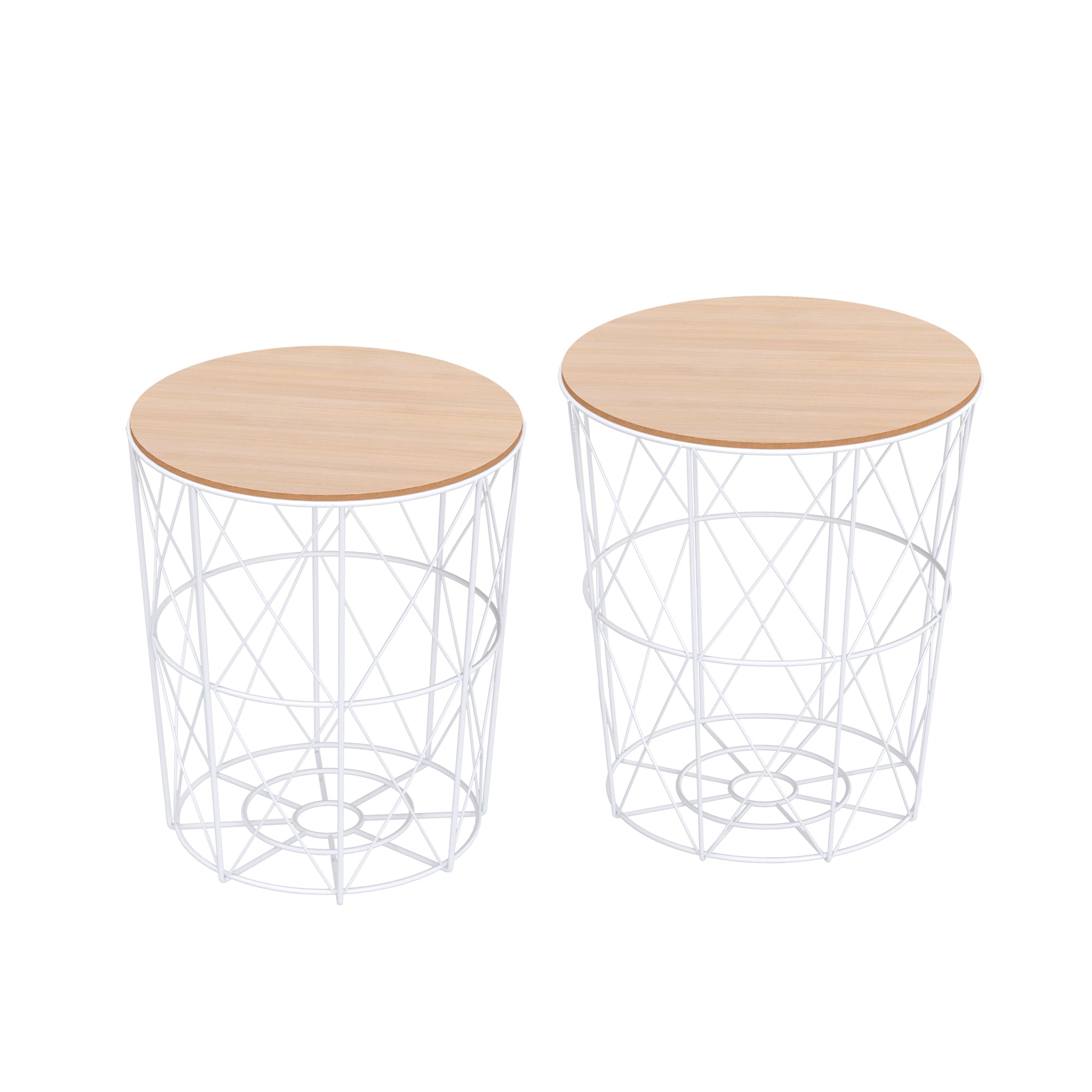 HOMCOM Couchtisch Rund 2er Set stapelbar Wohnzimmertisch Beistelltisch mit abnehmbaren Deckel Satztisch Kaffeetisch mit Metallgestell für Wohnzimmer Natur+Weiß