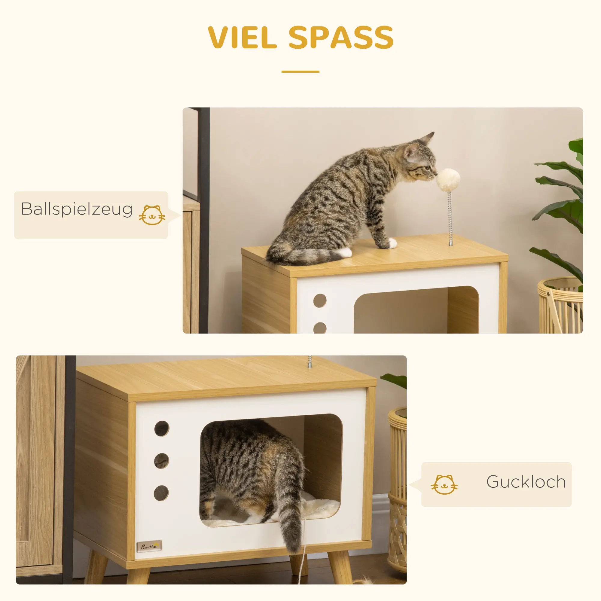 PawHut Katzenhöhle imTV-Design inkl. Spielzeug, waschbares Kissen, 50 cm x 28 cm x 43 cm, Eiche + Beige + Weiß