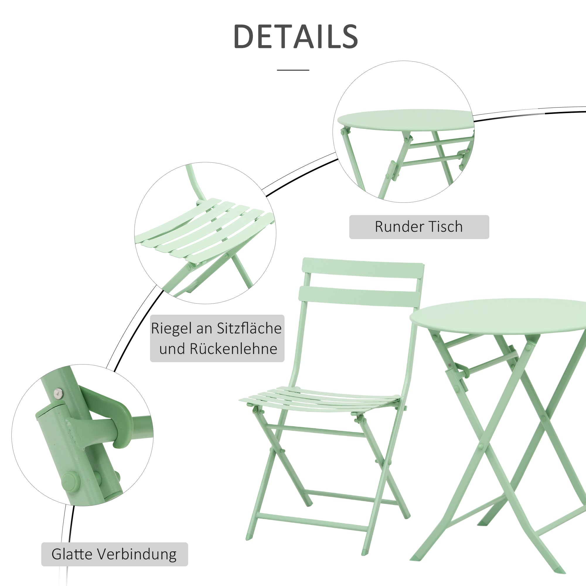 Outsunny Gartenset für 2 Personen Garnitur Balkonmöbel Set Bistrotisch mit 2 Stühlen  für Hof Garten klappbar Grün