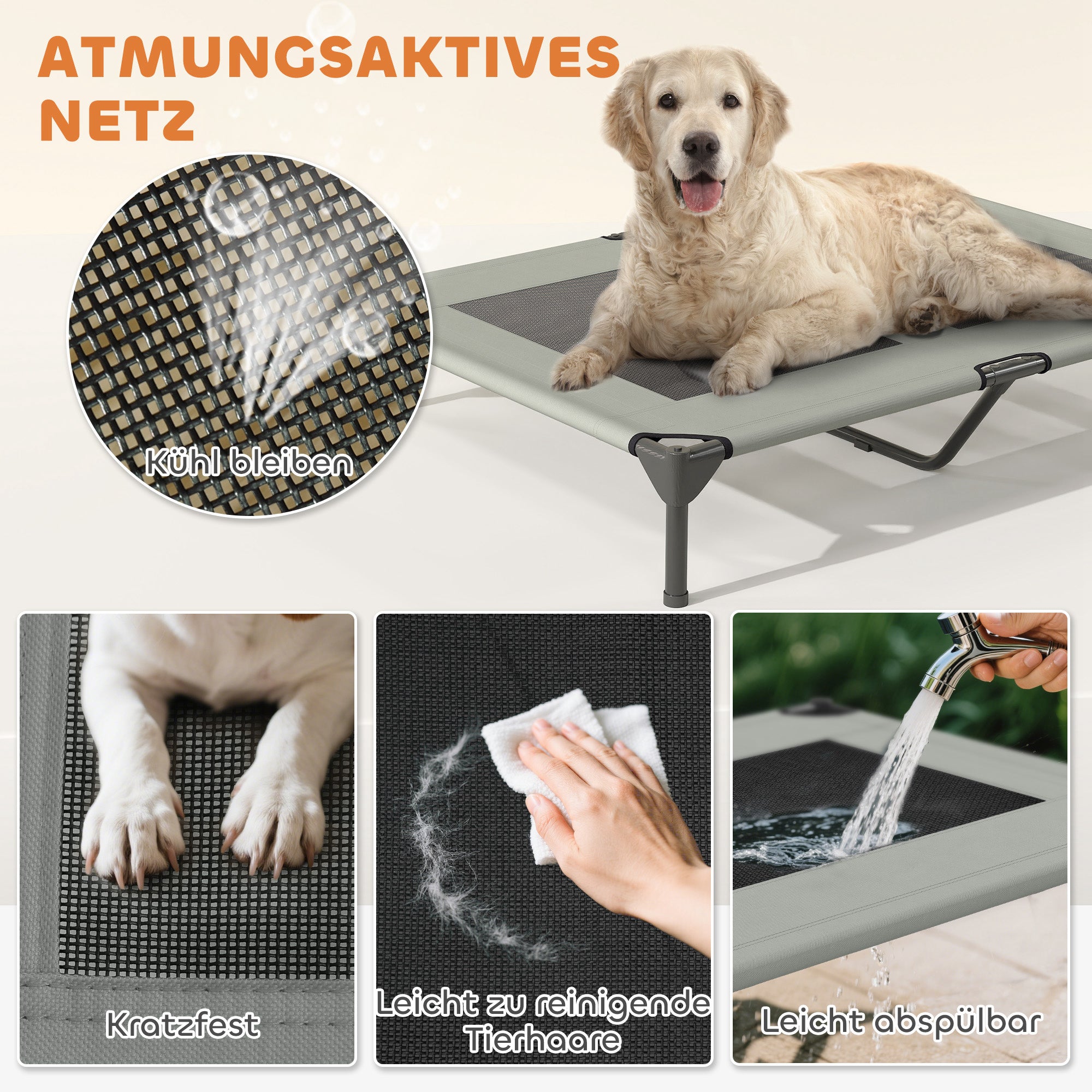 PawHut Hundeliege Outdoor mit Dach, Erhöhtes Hundebett für Große Hunde, 106 x 76 x 99 cm, Hellgrau